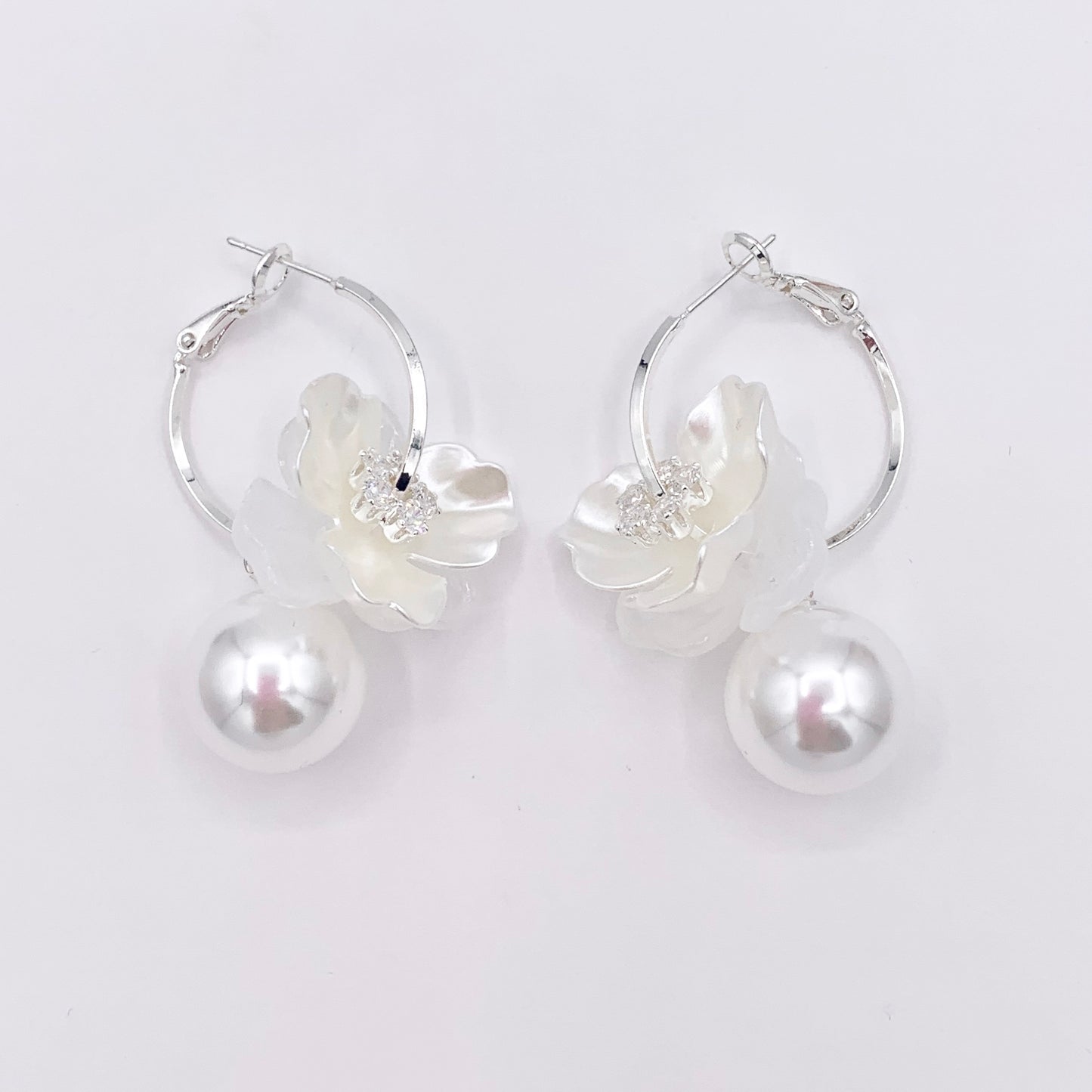 Shell Flower CZ Pave Earring Hoops with Dangle Pearl in Real 18K Gold/Silver Plated Over Copper 2 PAIRS