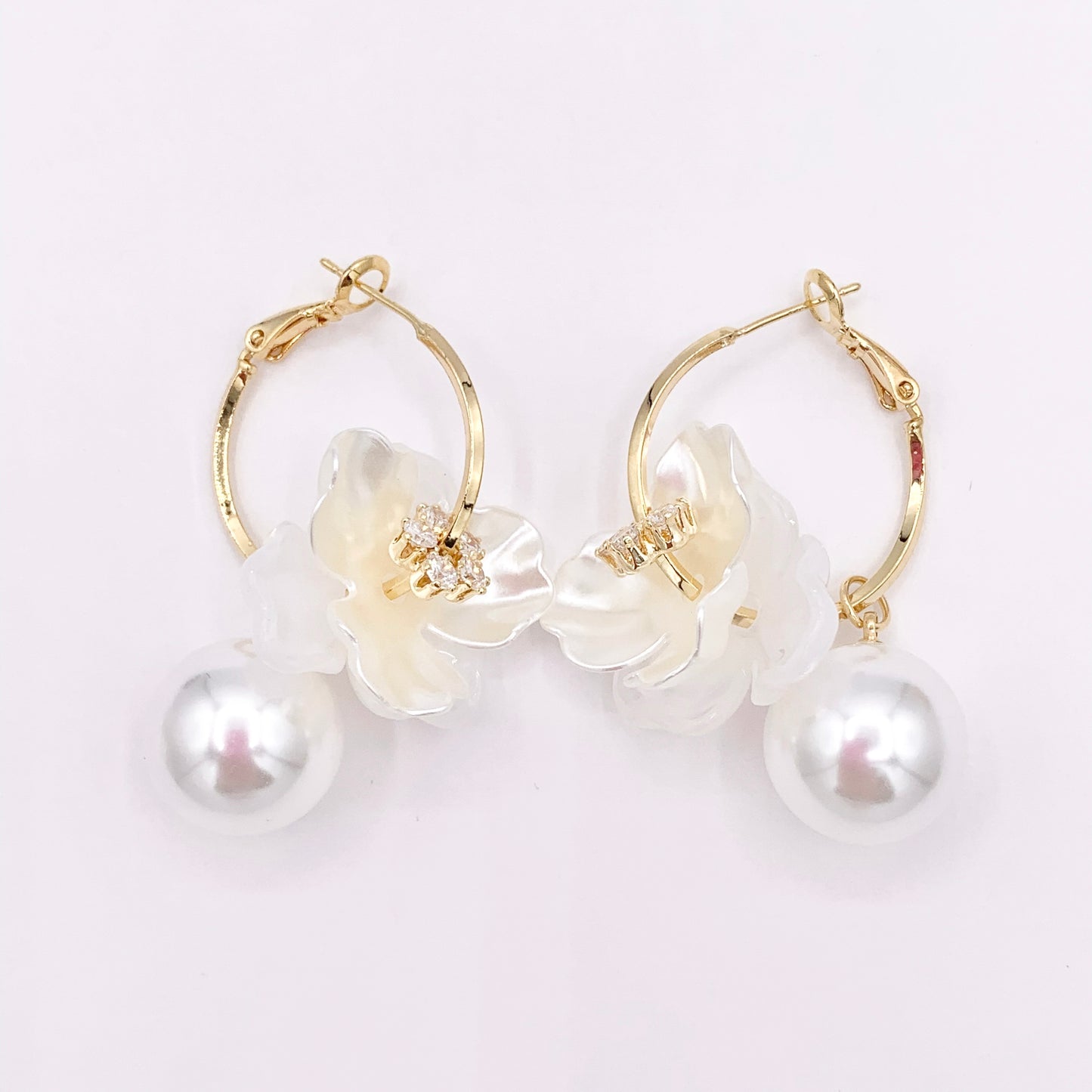 Shell Flower CZ Pave Earring Hoops with Dangle Pearl in Real 18K Gold/Silver Plated Over Copper 2 PAIRS