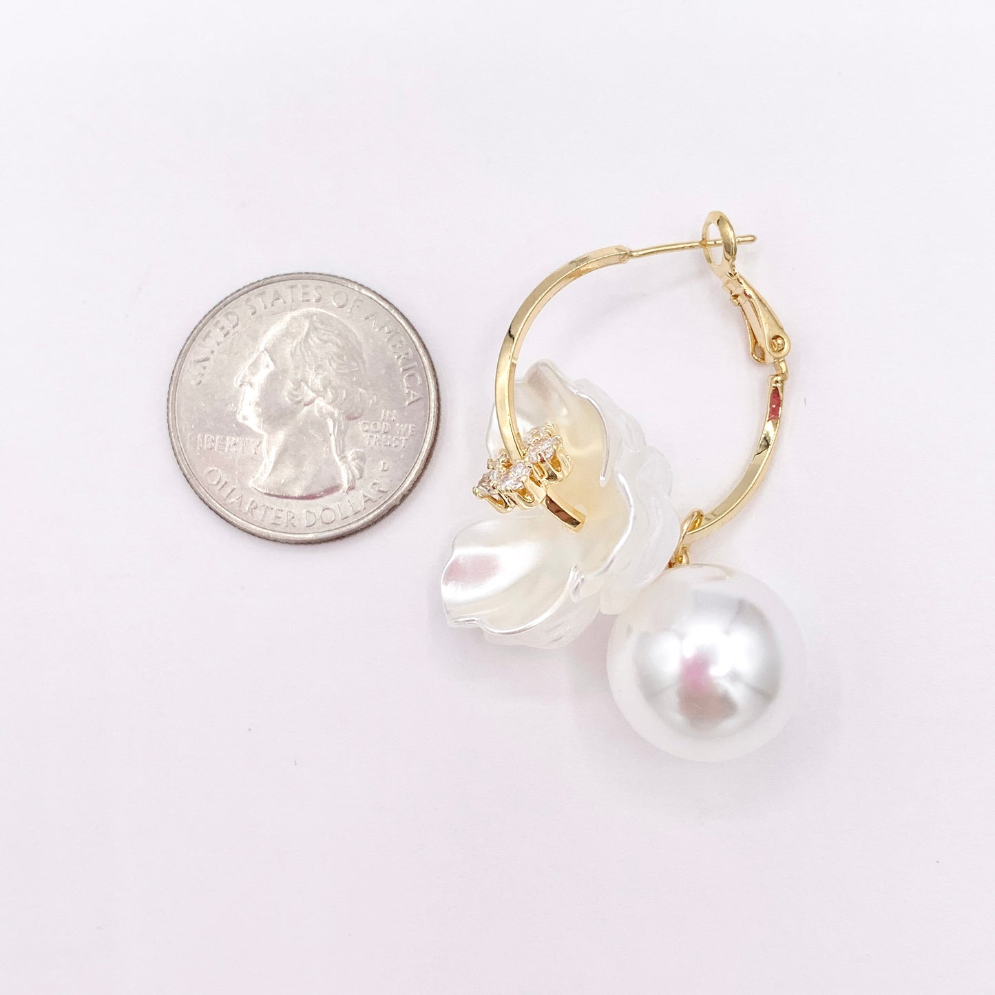 Shell Flower CZ Pave Earring Hoops with Dangle Pearl in Real 18K Gold/Silver Plated Over Copper 2 PAIRS