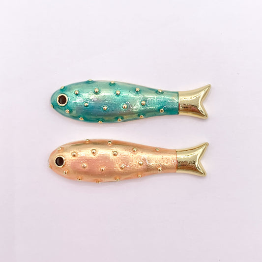 One Sided Fish Charms in 18K Gold Plated Copper with Peach/Green Color Plating 6 PCS