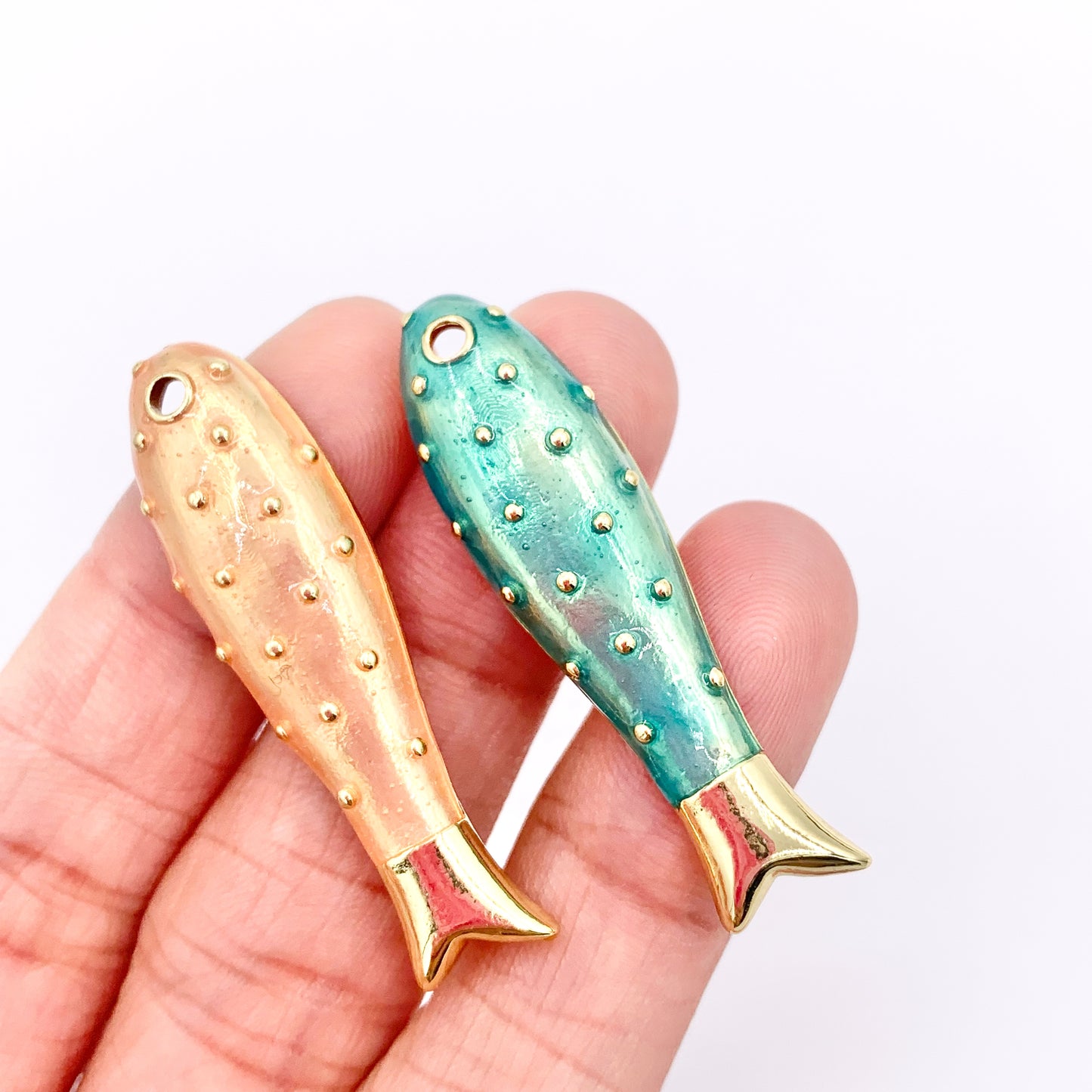 One Sided Fish Charms in 18K Gold Plated Copper with Peach/Green Color Plating 6 PCS