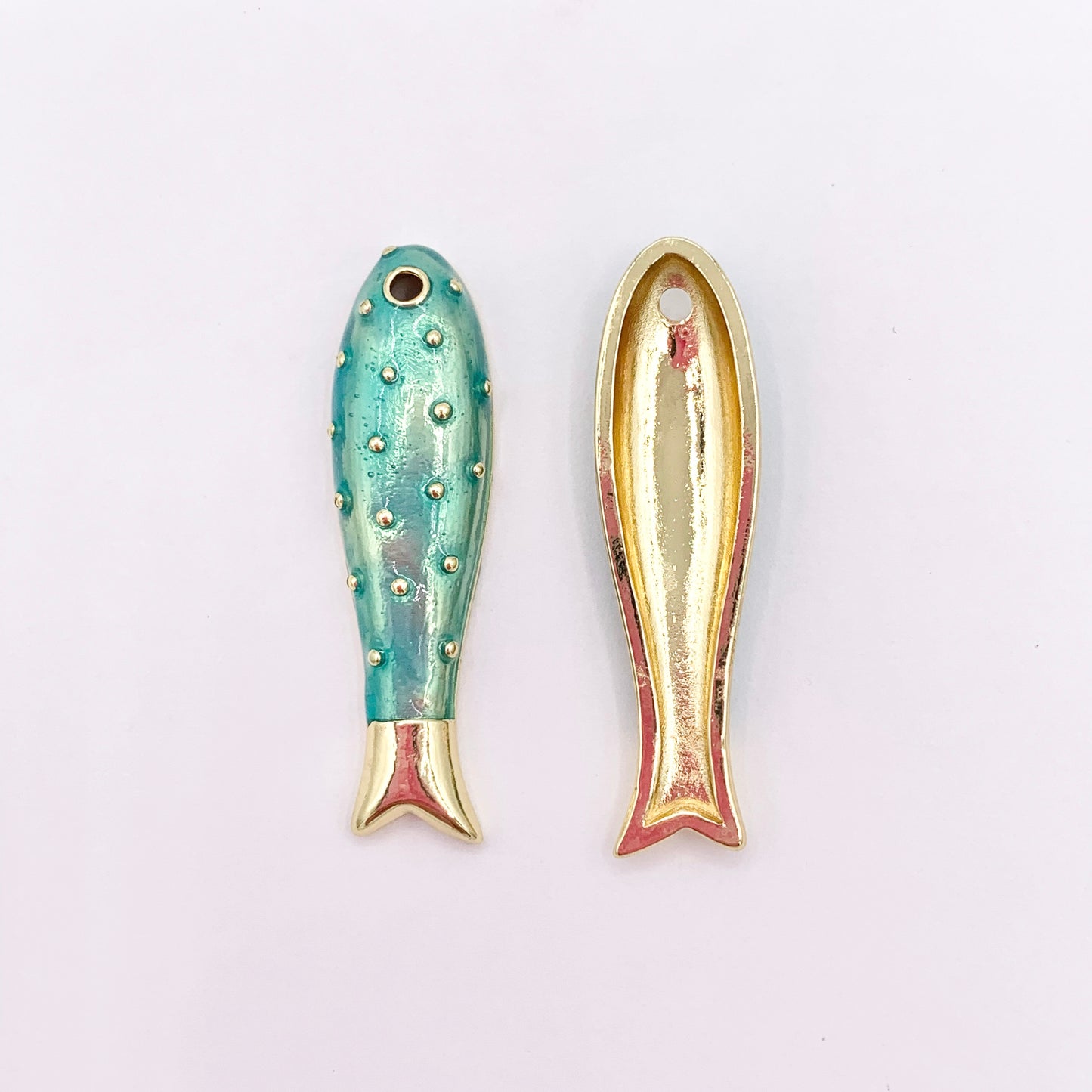 One Sided Fish Charms in 18K Gold Plated Copper with Peach/Green Color Plating 6 PCS