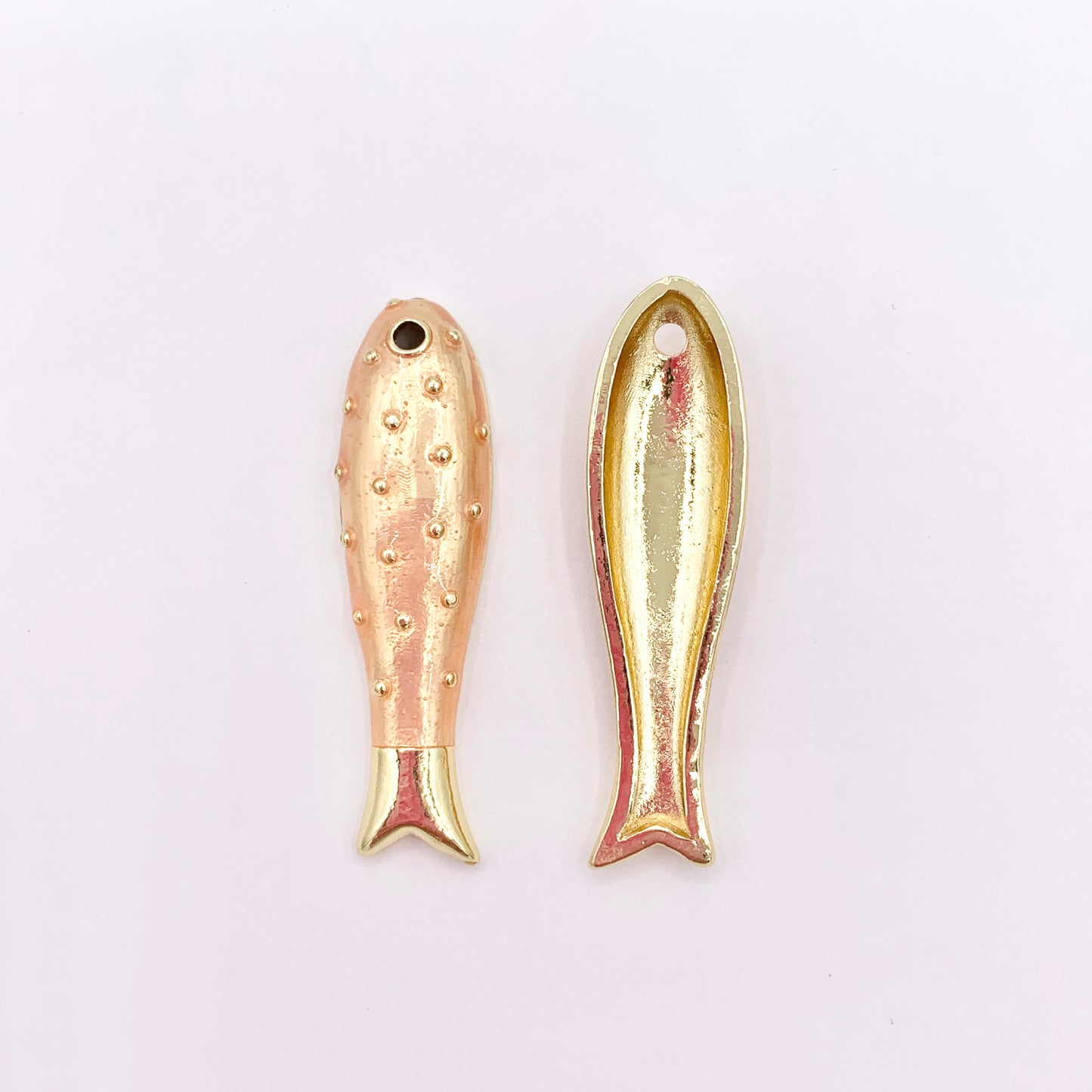 One Sided Fish Charms in 18K Gold Plated Copper with Peach/Green Color Plating 6 PCS