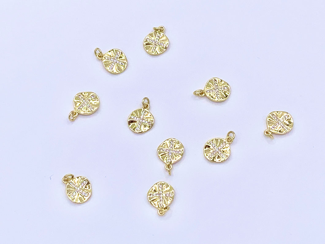 Cute Wavy Cross Coin Charms in CZ Pave plated in 18K Gold Copper Base 10pcs