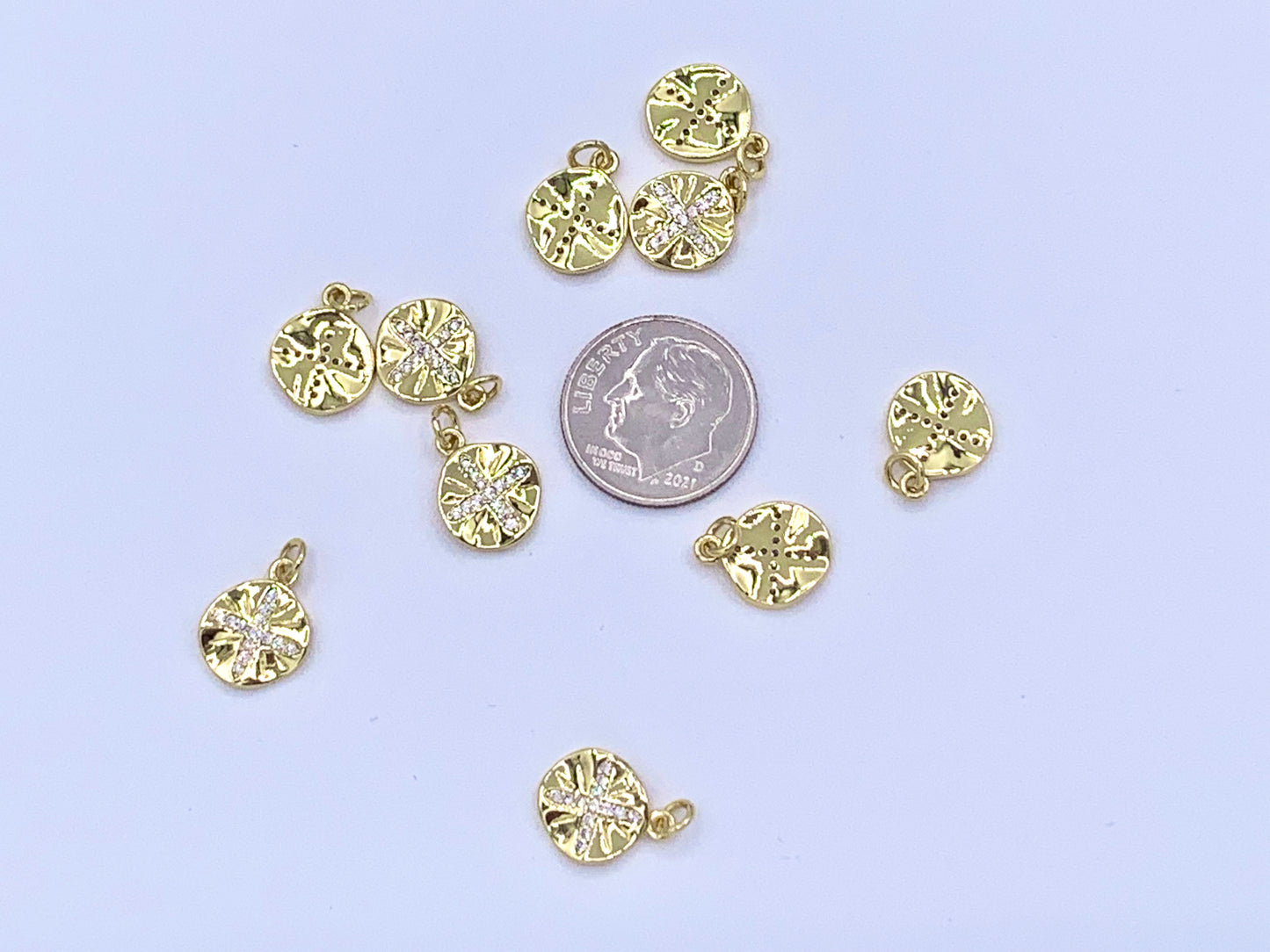 Cute Wavy Cross Coin Charms in CZ Pave plated in 18K Gold Copper Base 10pcs