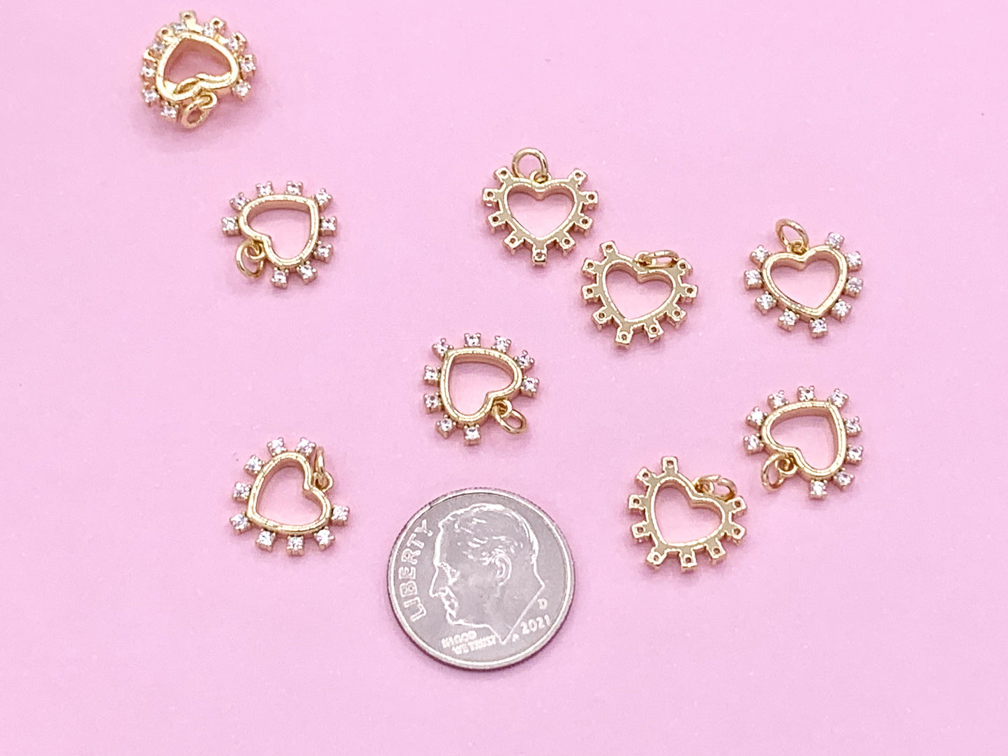 Cute Heart Charms in CZ Pave plated in 18K Gold Copper Base 10pcs