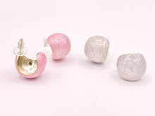 Load image into Gallery viewer, High Polished Acetate Pink White Shell Feel Earring Huggies in 18K Gold plated Copper 3 pairs
