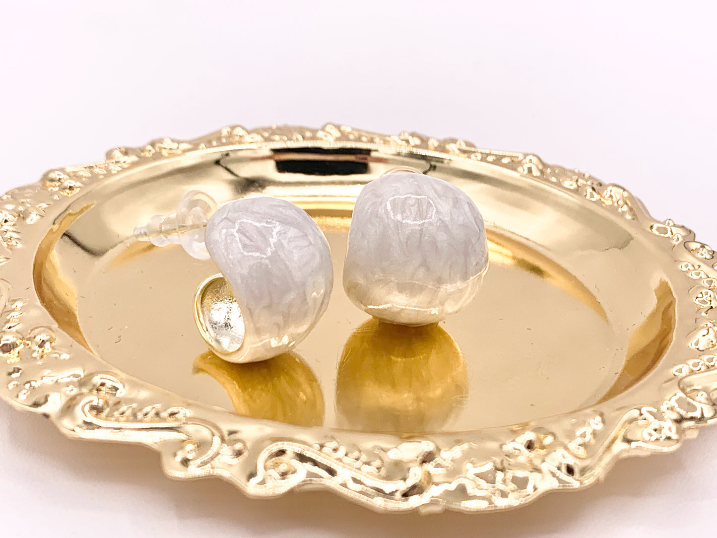 High Polished Acetate Pink White Shell Feel Earring Huggies in 18K Gold plated Copper 3 pairs