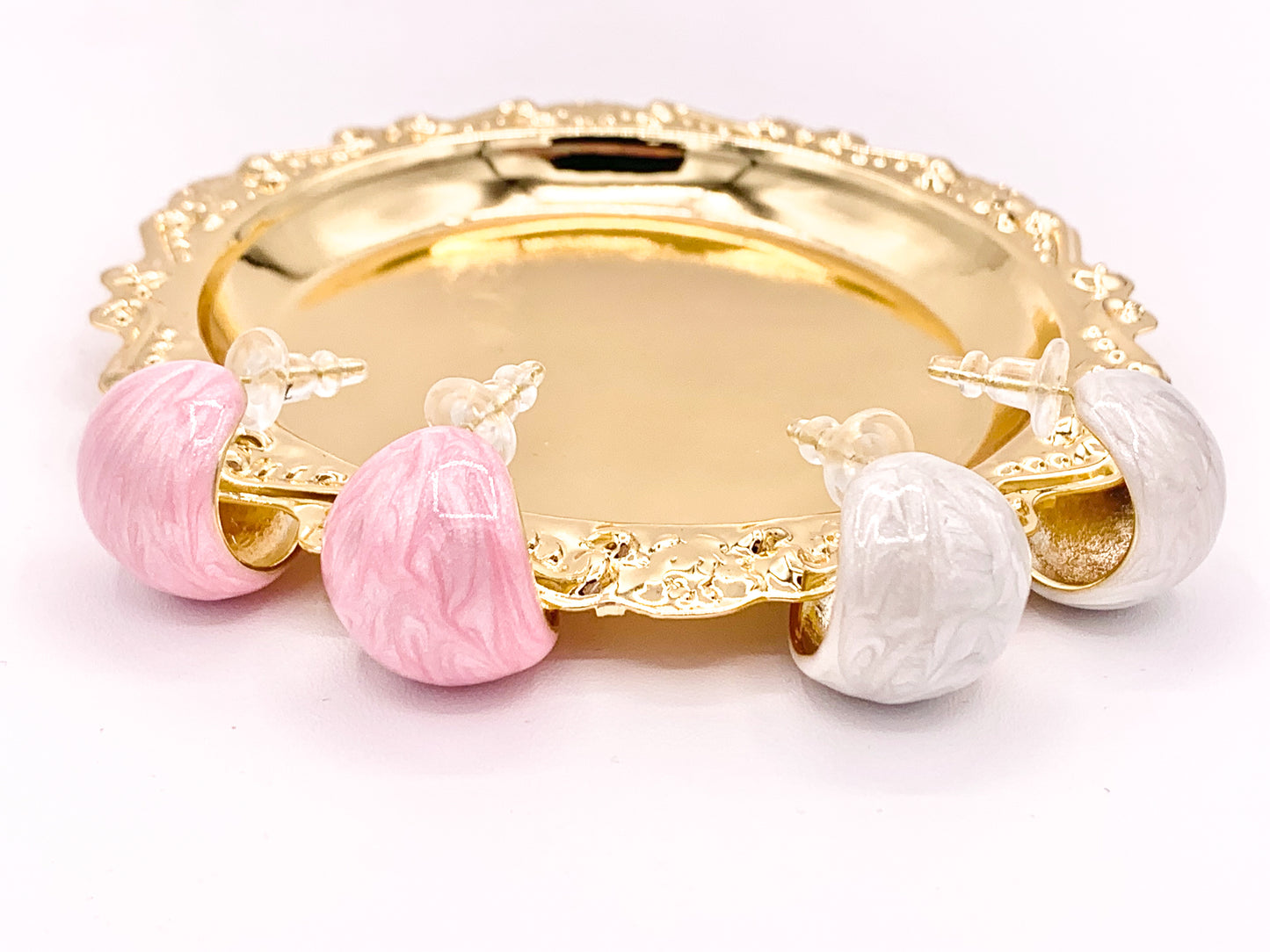 High Polished Acetate Pink White Shell Feel Earring Huggies in 18K Gold plated Copper 3 pairs