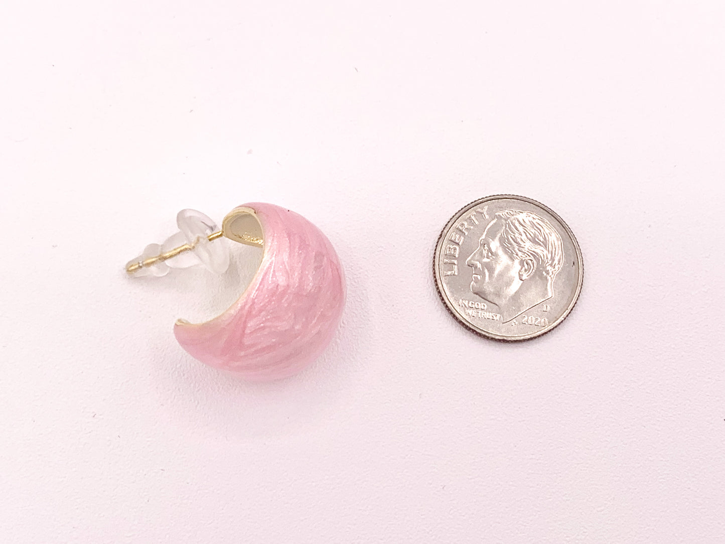 High Polished Acetate Pink White Shell Feel Earring Huggies in 18K Gold plated Copper 3 pairs