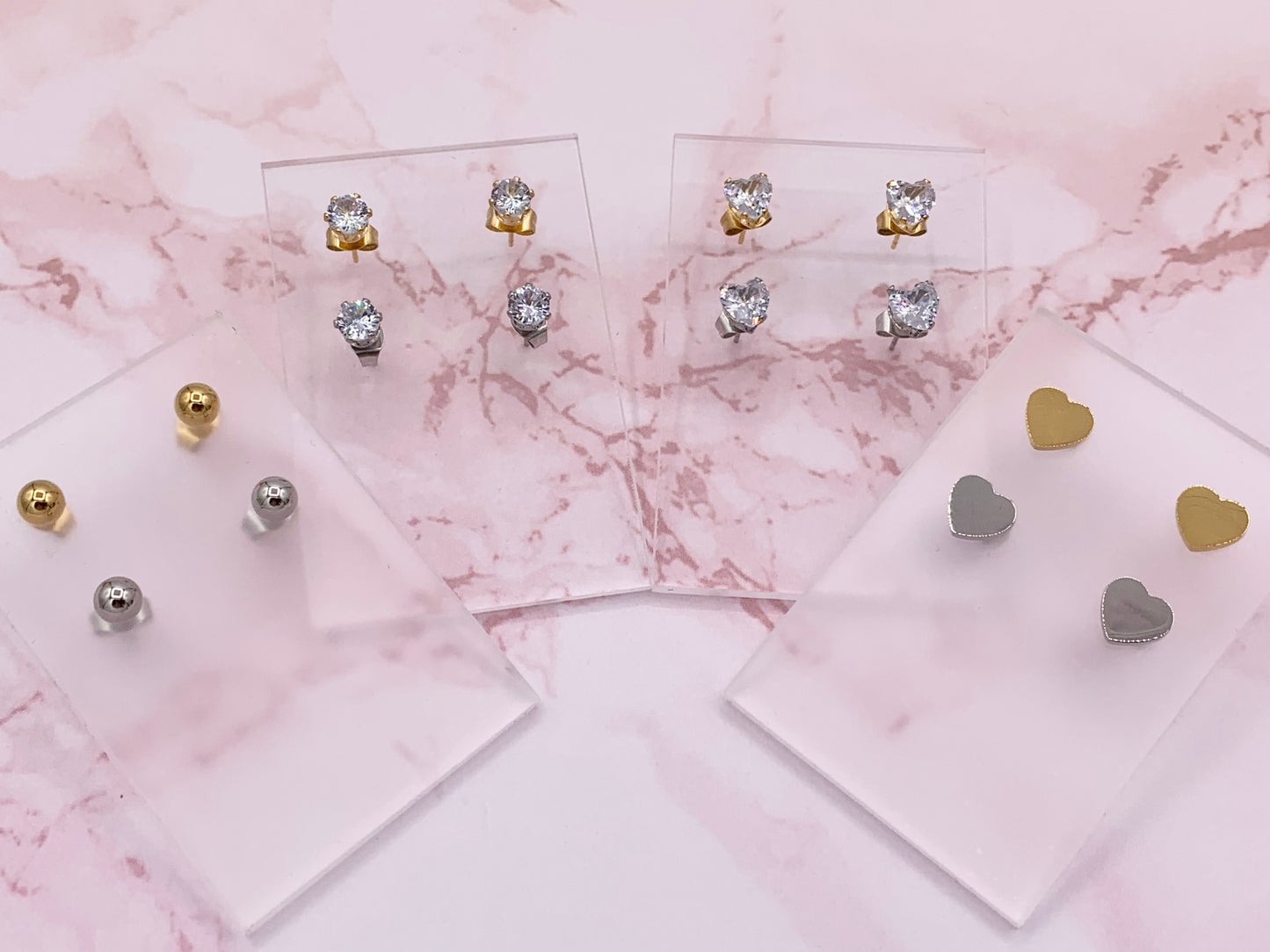 Stainless Steel Heart Round Solitaire Earring Studs in 18K Gold/Silver plated Stainless Steel 5 pairs