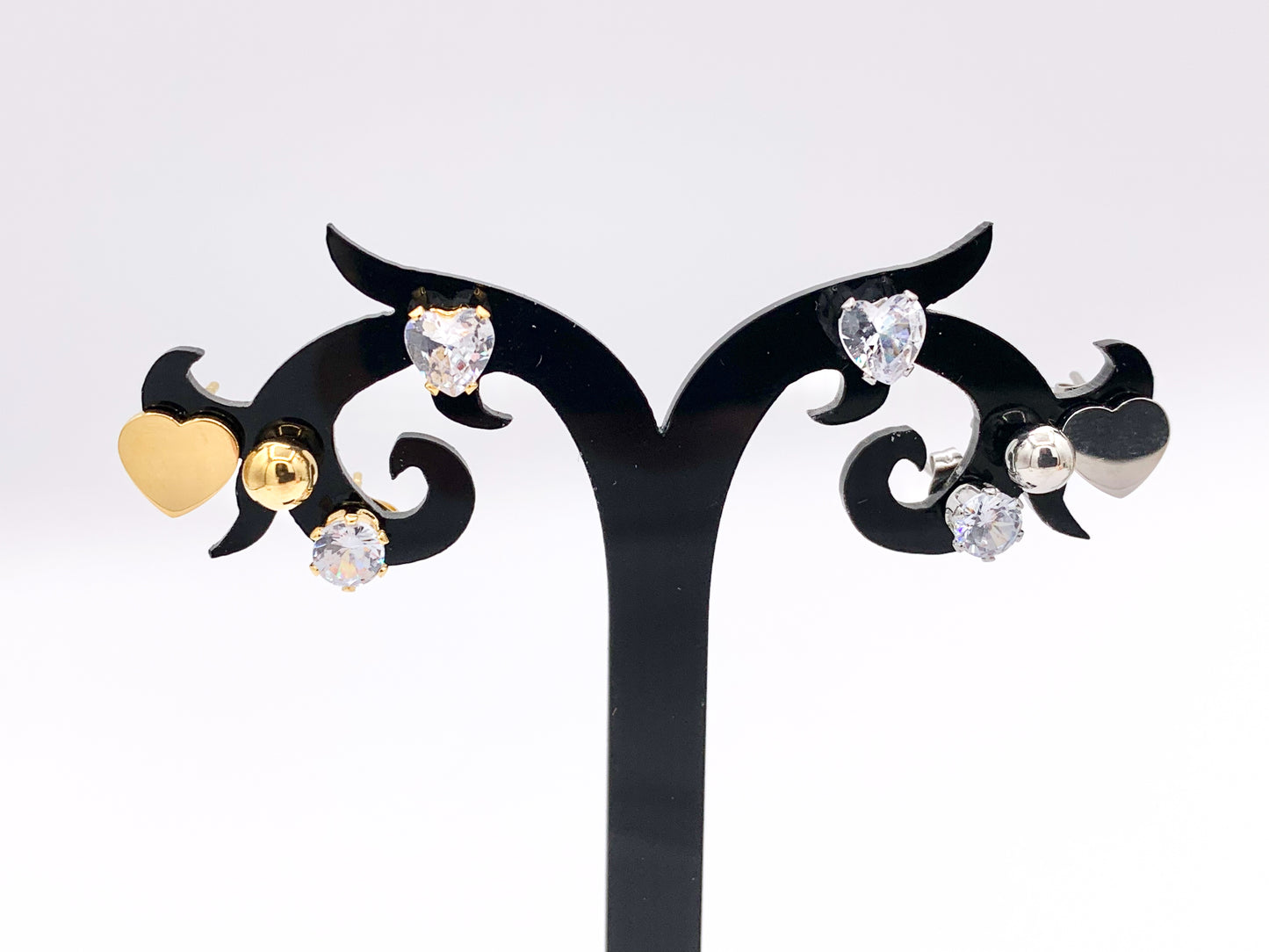 Stainless Steel Heart Round Solitaire Earring Studs in 18K Gold/Silver plated Stainless Steel 5 pairs