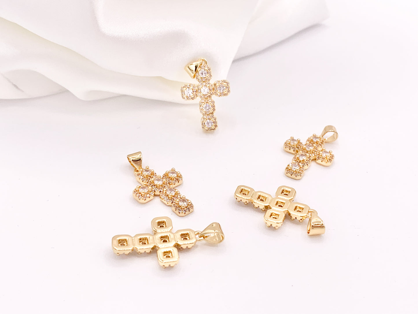 Whimsical Gold Cross Pendants with Beautiful CZ Pave in 18K Gold Silver plated Copper 5 pcs