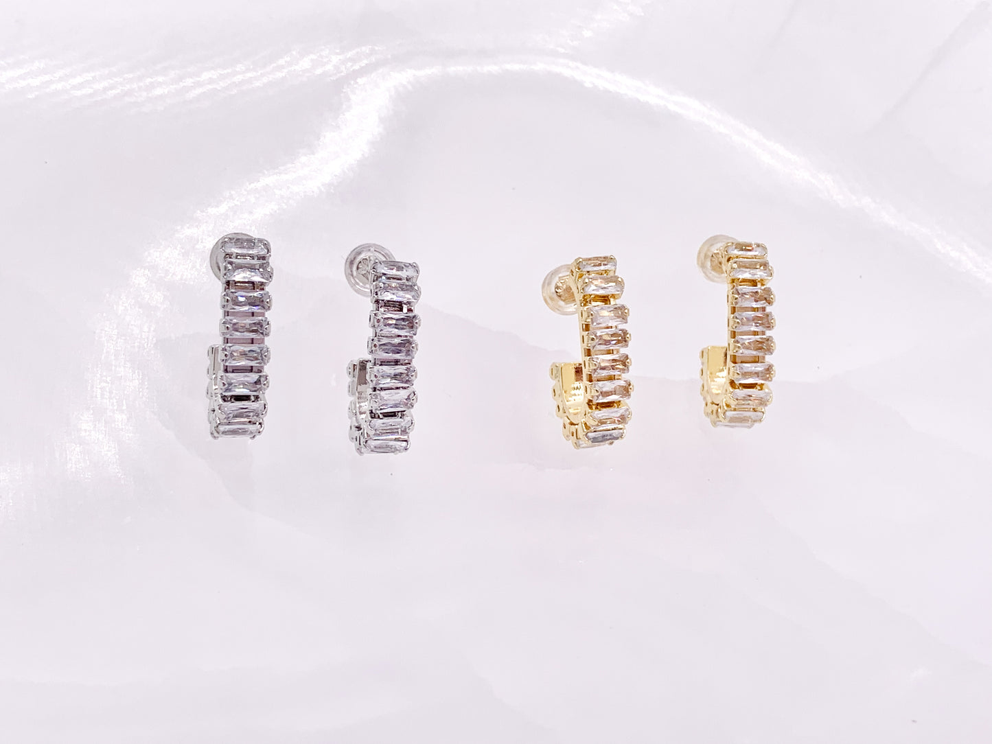 Trendsetting Unique Curve Link CZ Pave Baguette Hoop Earrings in 18K Gold or Silver Plated Copper 4 pairs