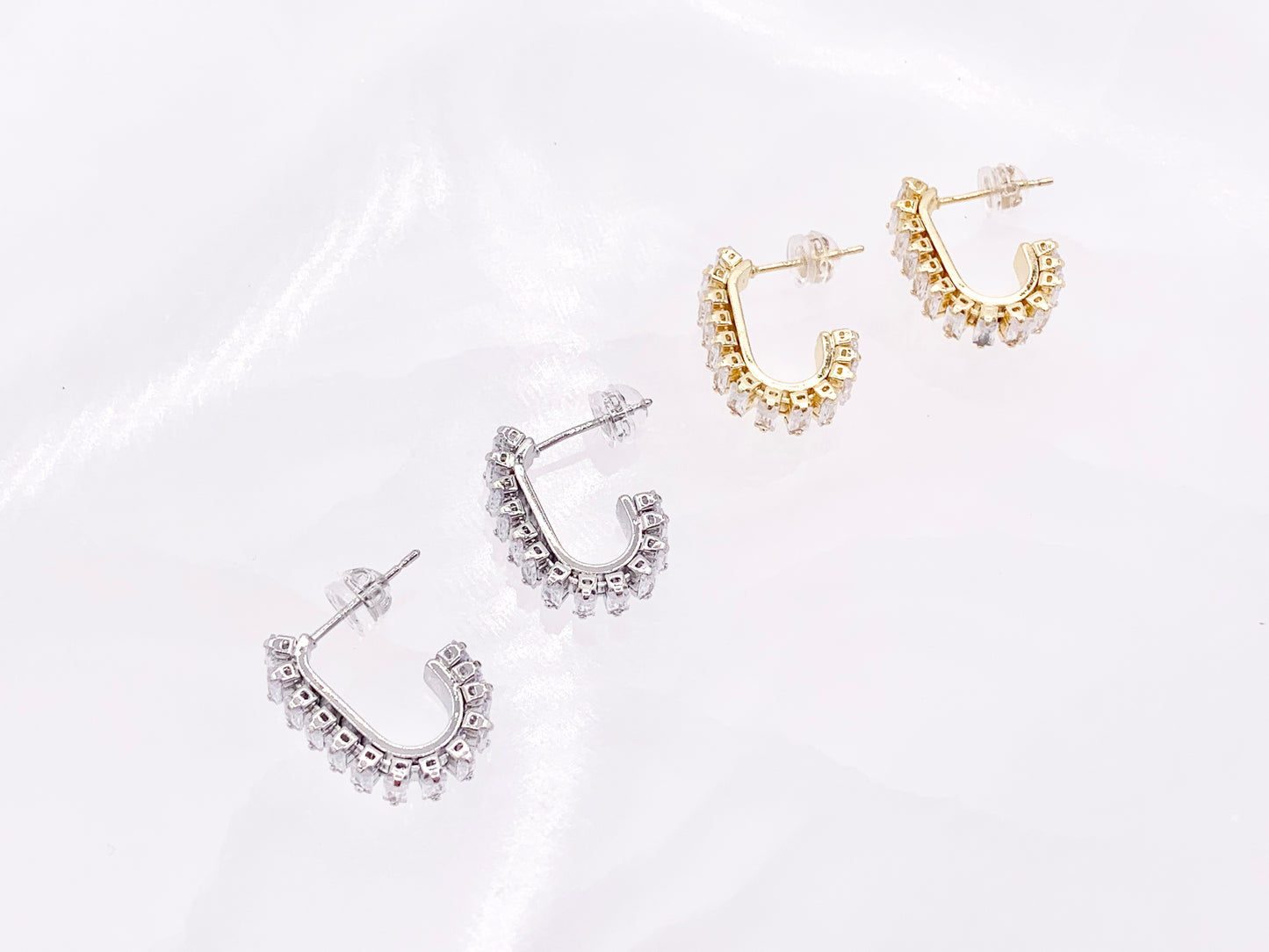 Trendsetting Unique Curve Link CZ Pave Baguette Hoop Earrings in 18K Gold or Silver Plated Copper 4 pairs