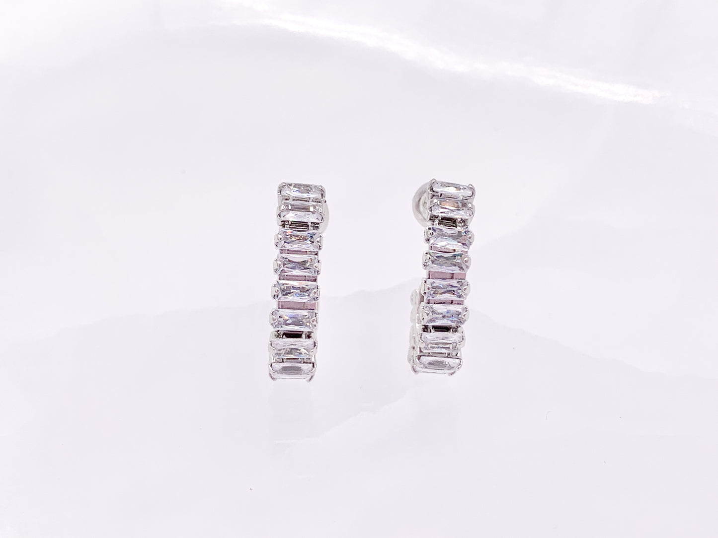 Trendsetting Unique Curve Link CZ Pave Baguette Hoop Earrings in 18K Gold or Silver Plated Copper 4 pairs