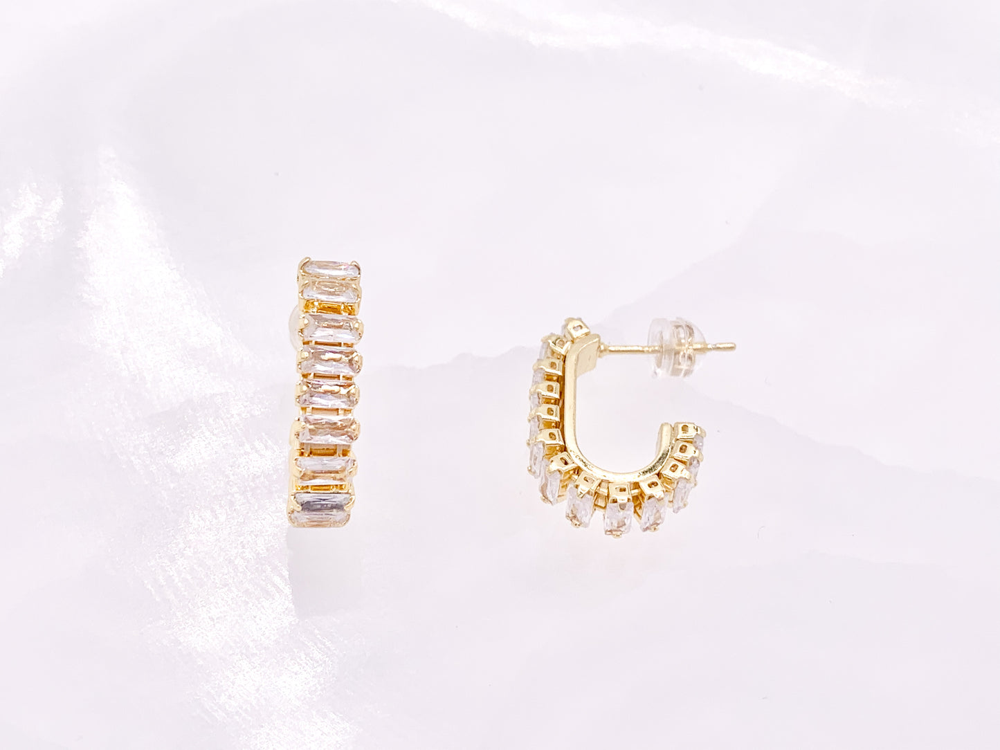 Trendsetting Unique Curve Link CZ Pave Baguette Hoop Earrings in 18K Gold or Silver Plated Copper 4 pairs