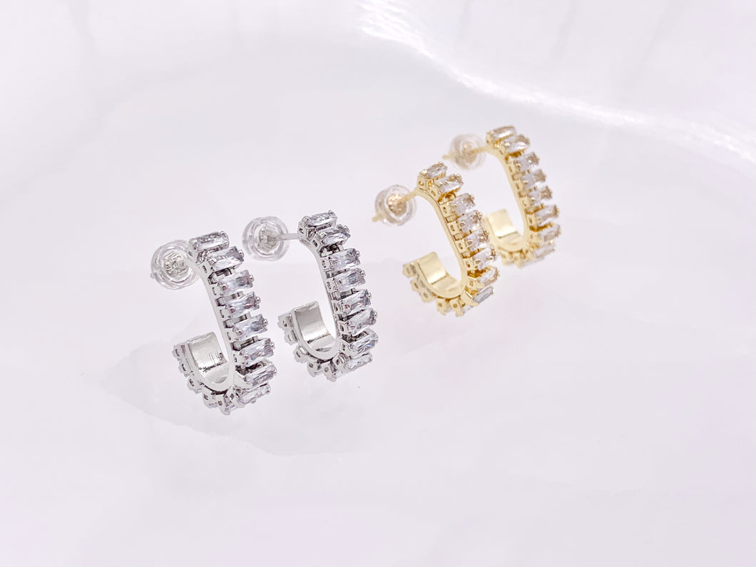 Trendsetting Unique Curve Link CZ Pave Baguette Hoop Earrings in 18K Gold or Silver Plated Copper 4 pairs