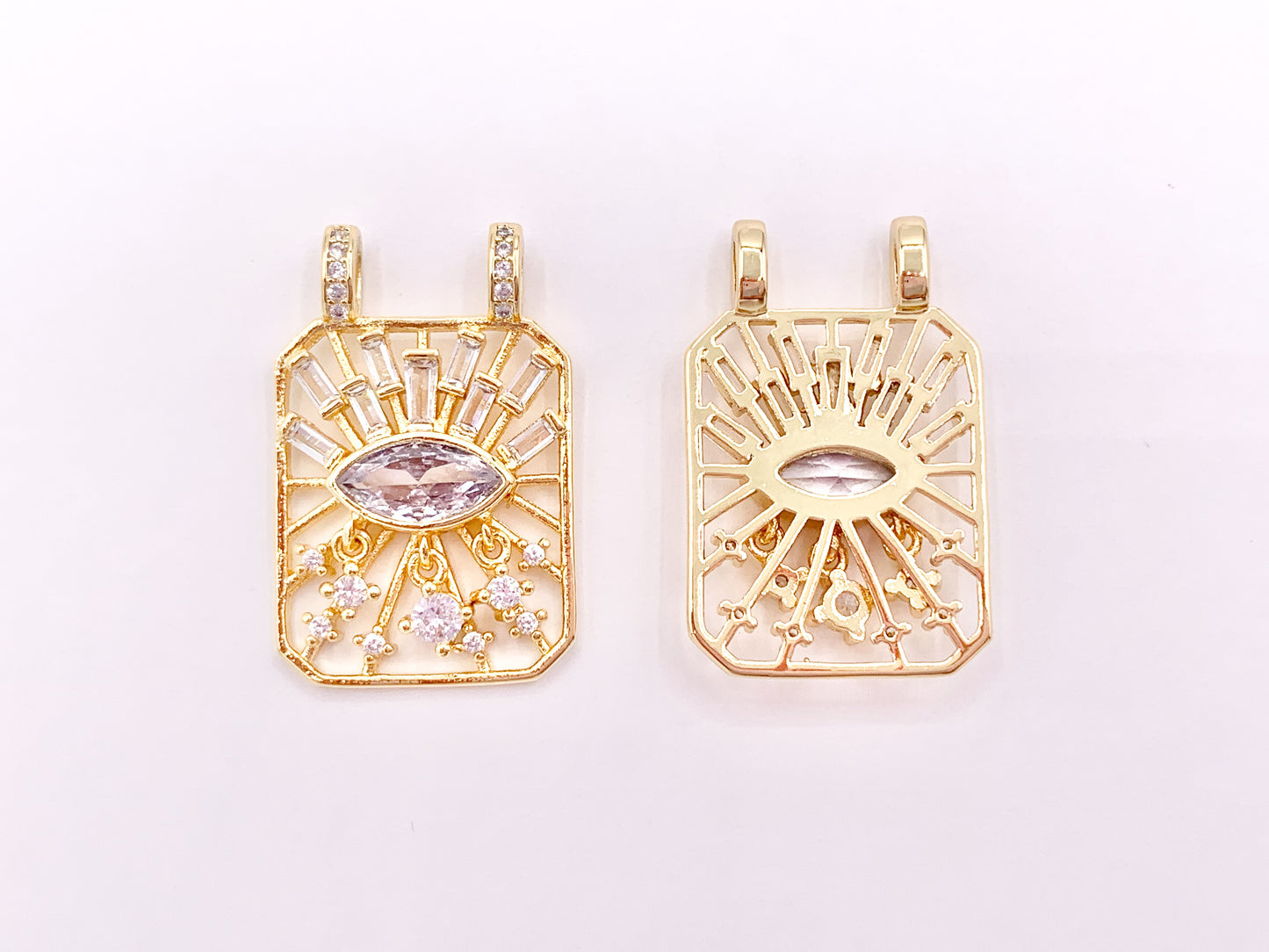 Eye Catching Evil Eye Designed Rectangle Pendants with CZ Pave in 18K Gold Plated Copper 5 pcs