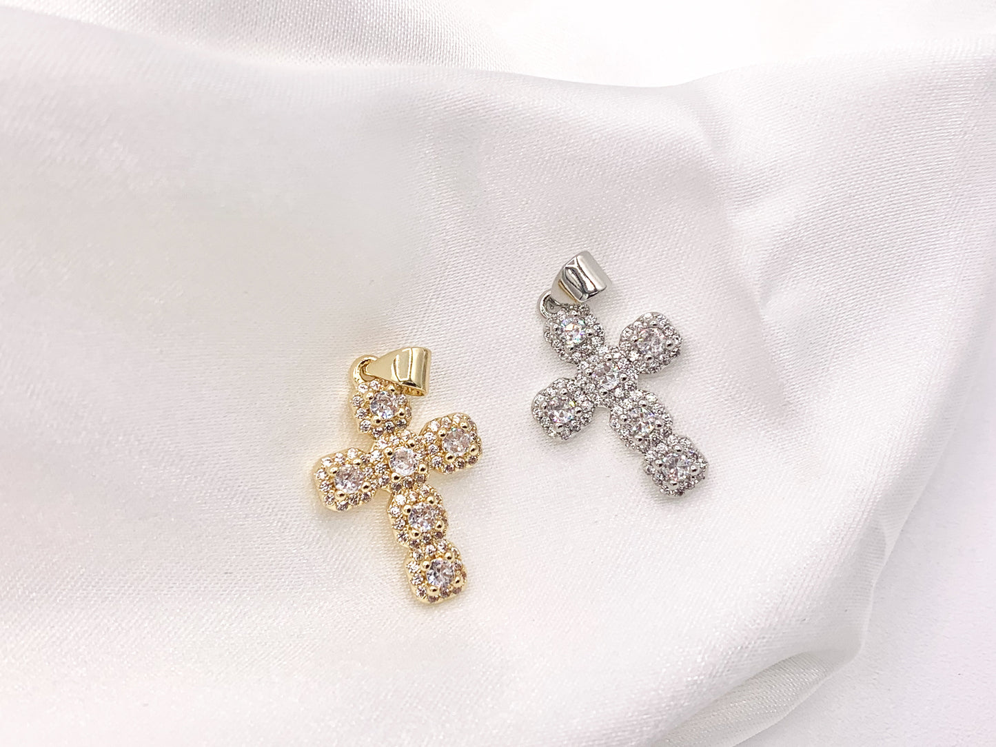 Whimsical Gold Cross Pendants with Beautiful CZ Pave in 18K Gold Silver plated Copper 5 pcs