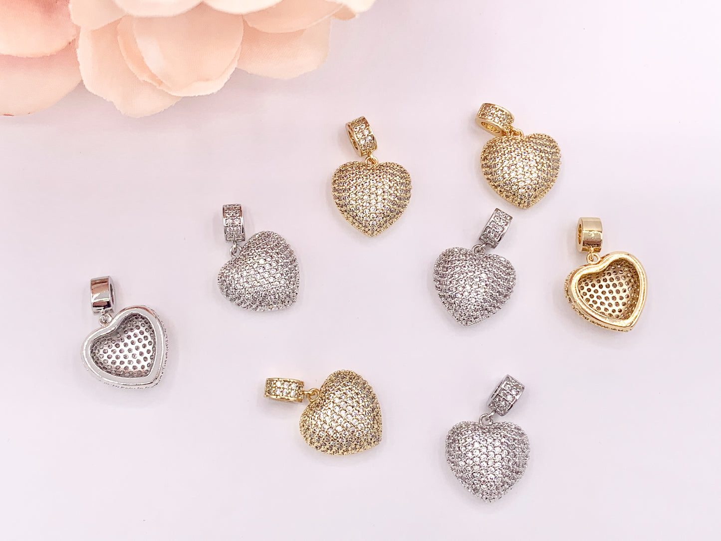Bold Statement Heart Pendant Charms Rhinestone CZ Pave Designed in 18K Gold or Silver Plated Copper 4 pcs