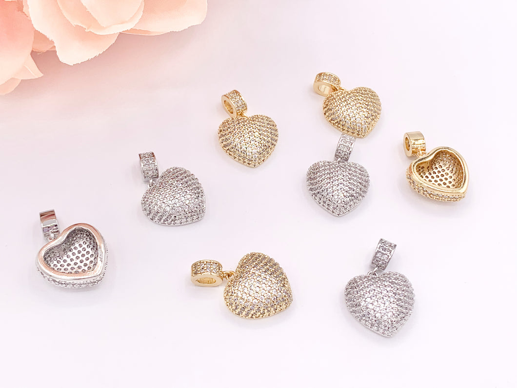 Bold Statement Heart Pendant Charms Rhinestone CZ Pave Designed in 18K Gold or Silver Plated Copper 4 pcs