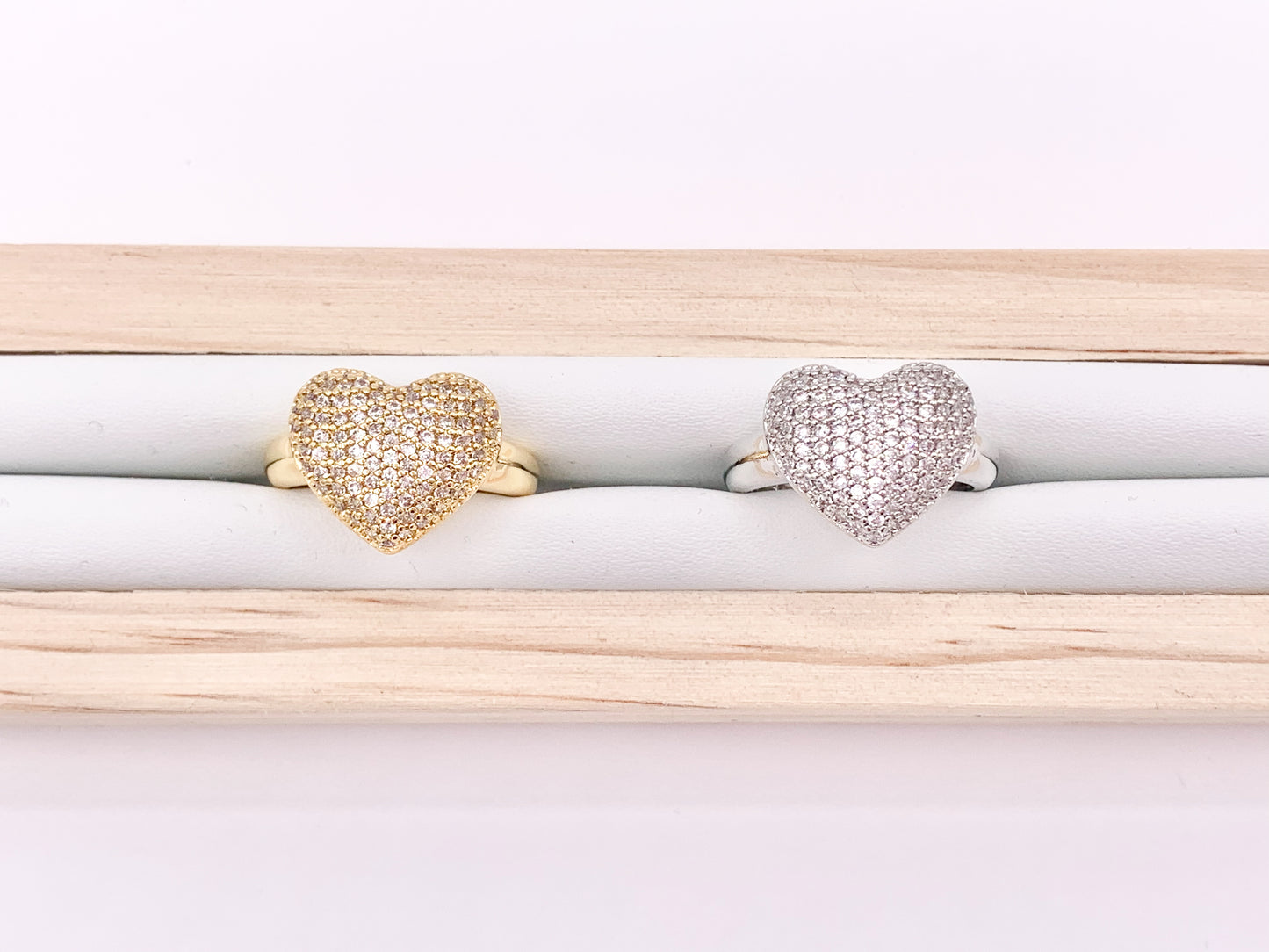 Bold Statement Heart Adjustable Rings in Rhinestone CZ Pave Designed in 18K Gold or Silver Plated Copper 4pcs