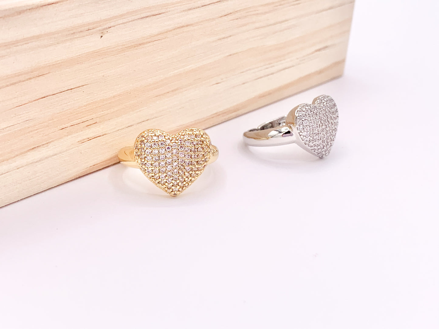 Bold Statement Heart Adjustable Rings in Rhinestone CZ Pave Designed in 18K Gold or Silver Plated Copper 4pcs