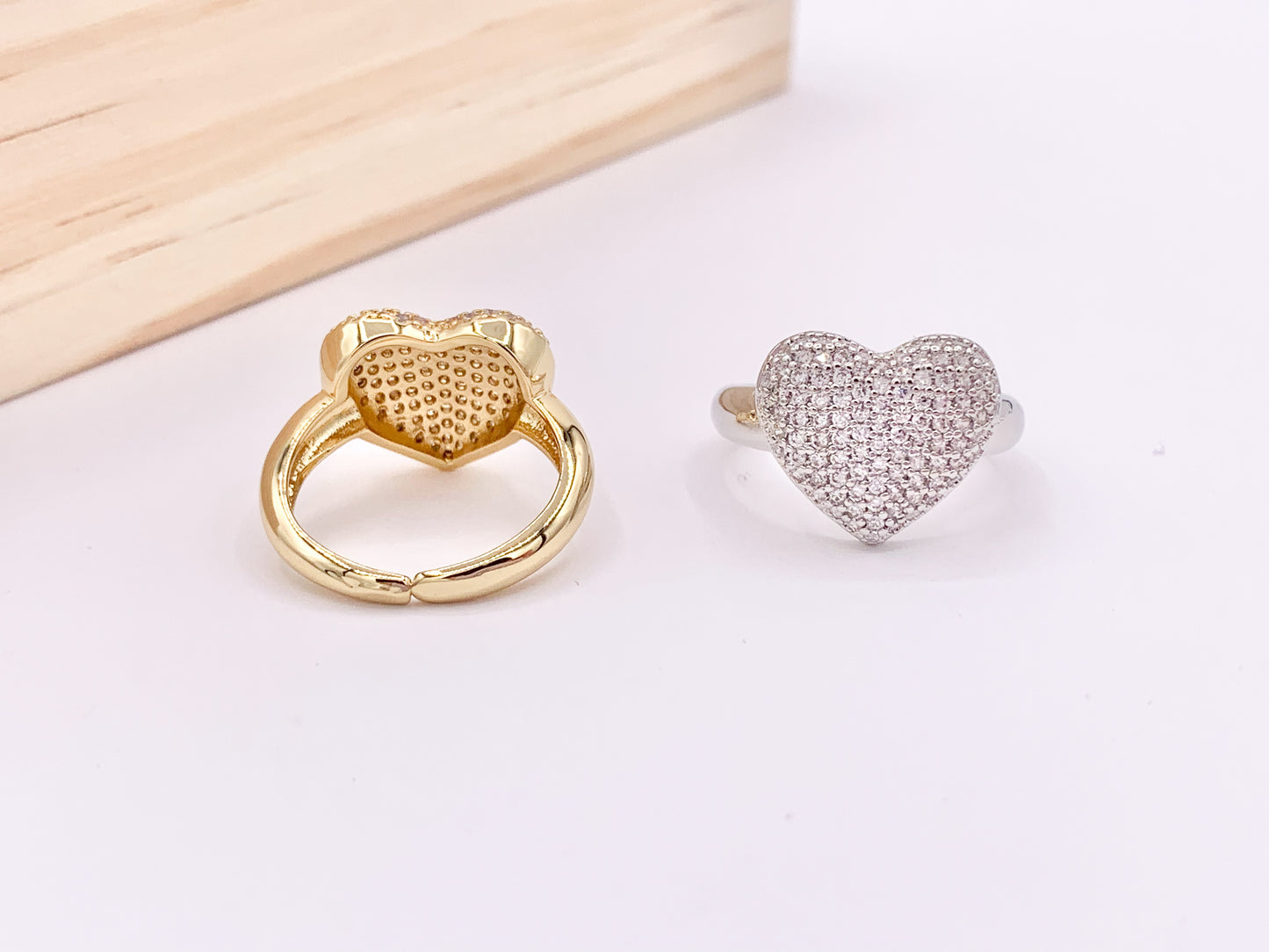 Bold Statement Heart Adjustable Rings in Rhinestone CZ Pave Designed in 18K Gold or Silver Plated Copper 4pcs