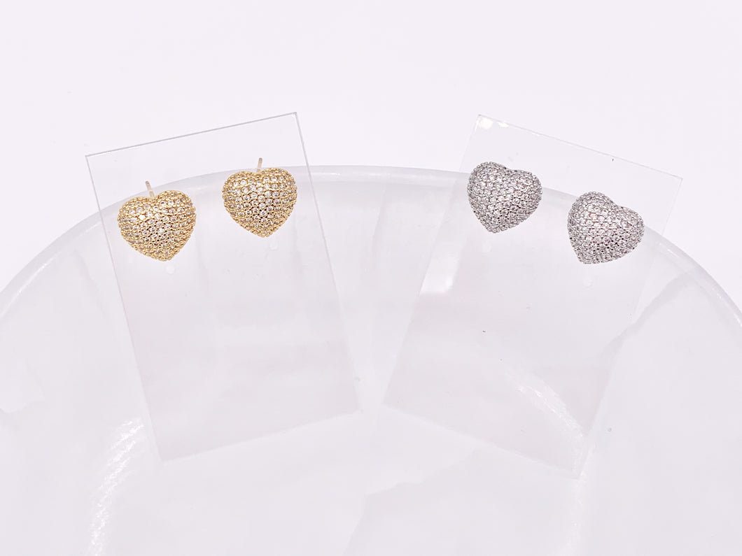 Bold Statement Heart Earring Studs in Rhinestone CZ Pave Designed in 18K Gold or Silver Plated Copper 3 pairs