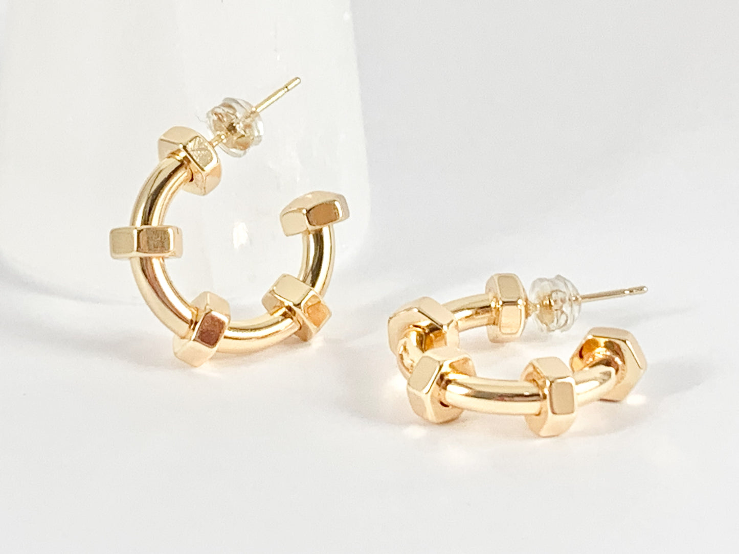 Screw Nut Bolt Style Earring Hoops in 18K Gold Plated Copper 3 pairs