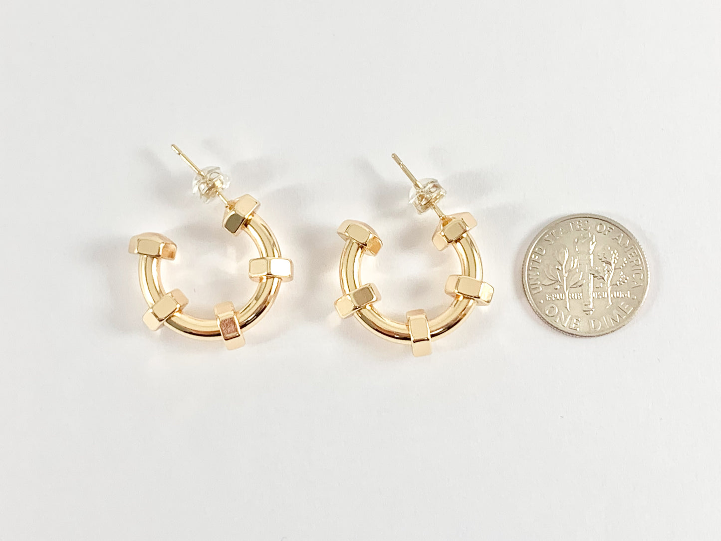 Screw Nut Bolt Style Earring Hoops in 18K Gold Plated Copper 3 pairs