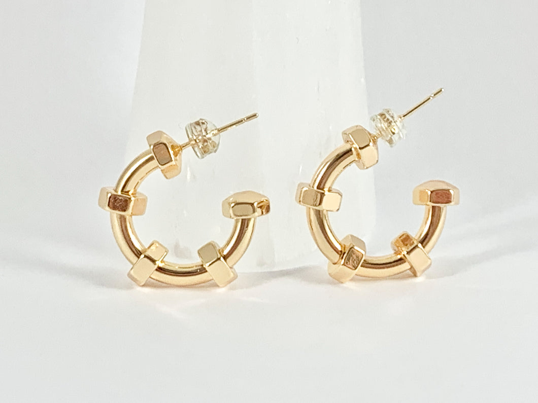 Screw Nut Bolt Style Earring Hoops in 18K Gold Plated Copper 3 pairs