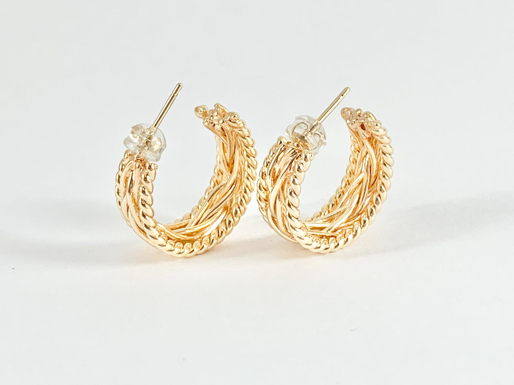 Delicately Braided Twisted Earring Hoops in 18K Gold Plated Copper 3 pairs