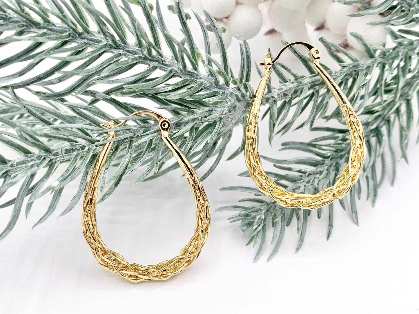 Real 18K Gold Plated Twisted Braided Teardrop Hoop Latch Back Earring Over Copper 3 pairs