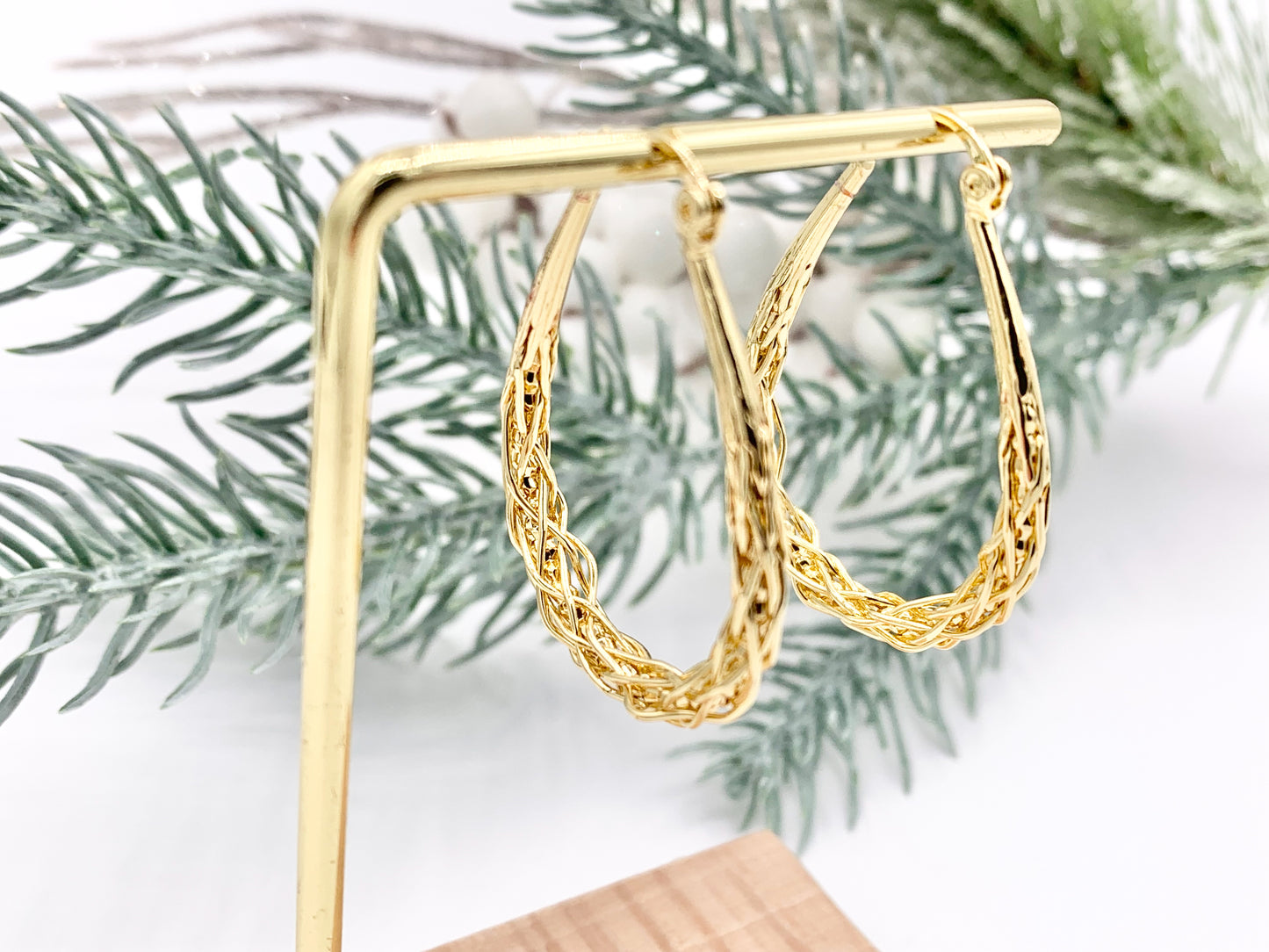 Real 18K Gold Plated Twisted Braided Teardrop Hoop Latch Back Earring Over Copper 3 pairs