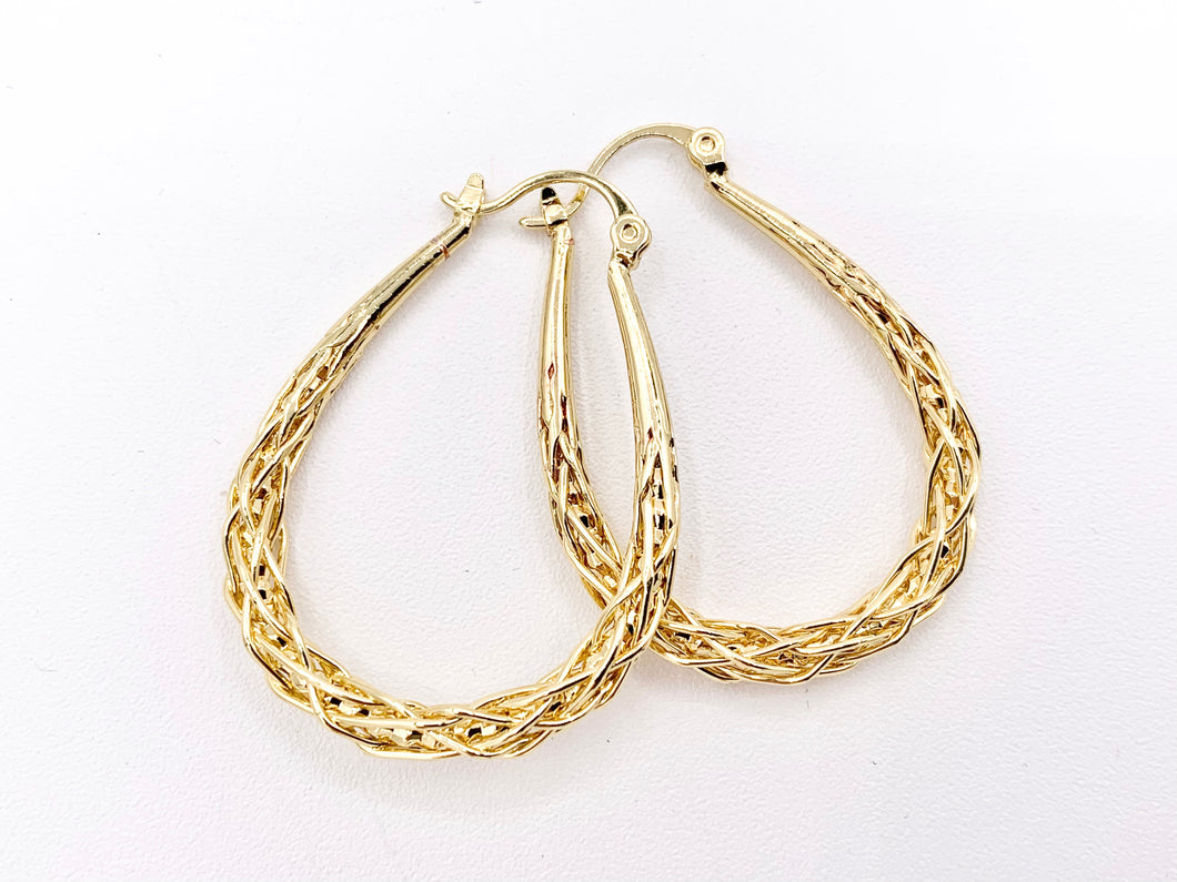 Real 18K Gold Plated Twisted Braided Teardrop Hoop Latch Back Earring Over Copper 3 pairs