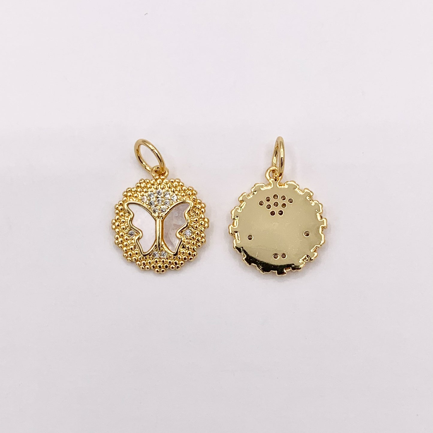 15mm Cute Shell Coin Butterfly Charm in Real Gold Plated 18K Micro CZ Pave Over Copper