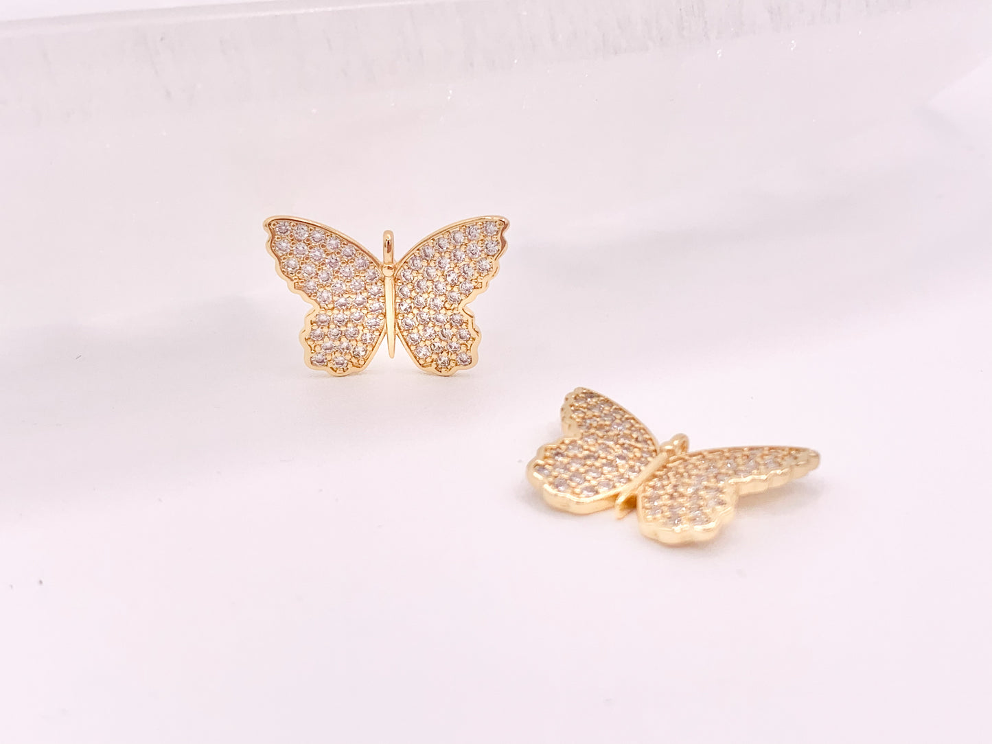 18K Gold Plated CZ Pave Butterfly Pendant Charms Over Copper 4 pcs