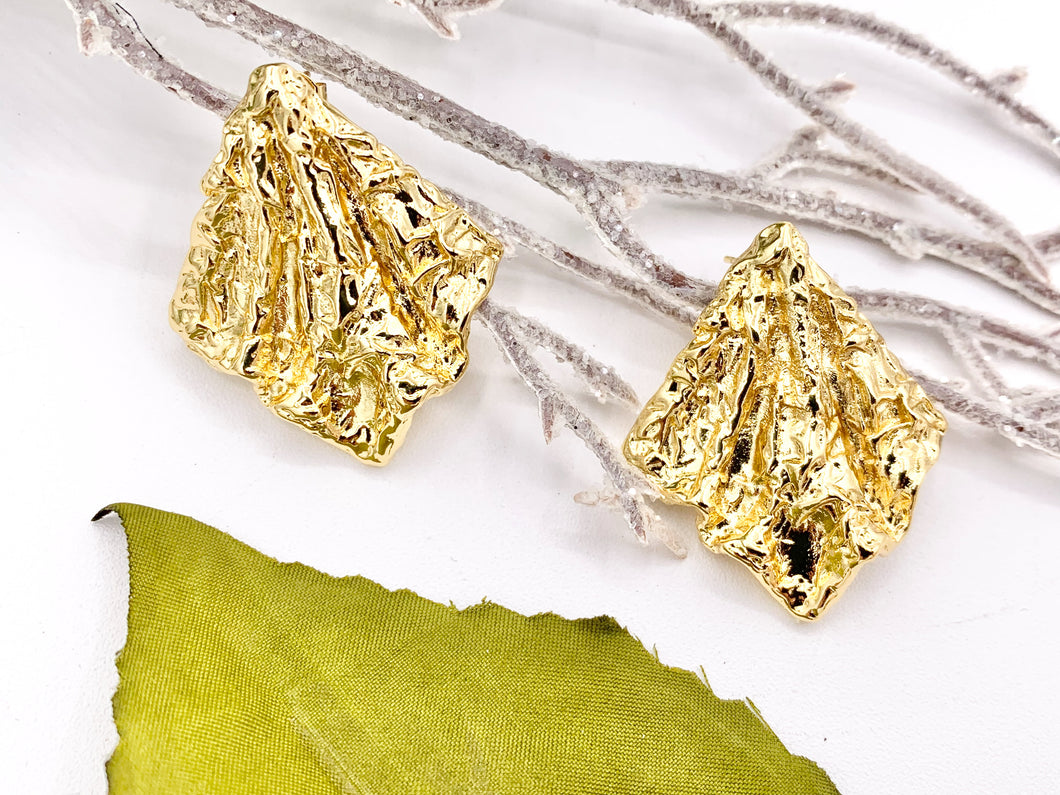 Geometric Texture Chunky Foil Like Cape Trendy Unique Earrings in Real 18K Gold Plated Over Copper 3 pairs