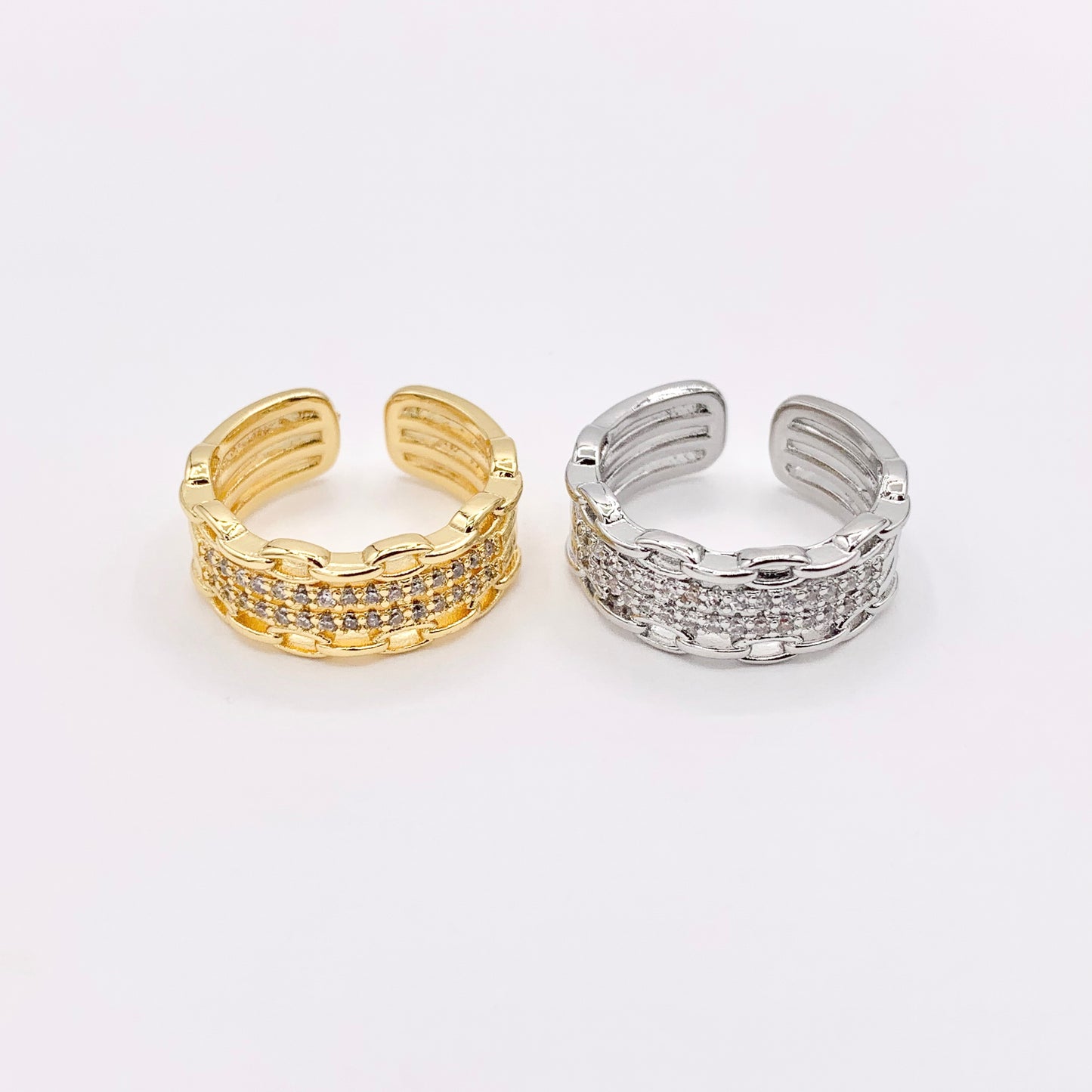 Vibrantes anillos de eslabones baguette cuádruples con pavé de circonita cúbica en oro de 18 quilates o cobre chapado en plata, 4 piezas