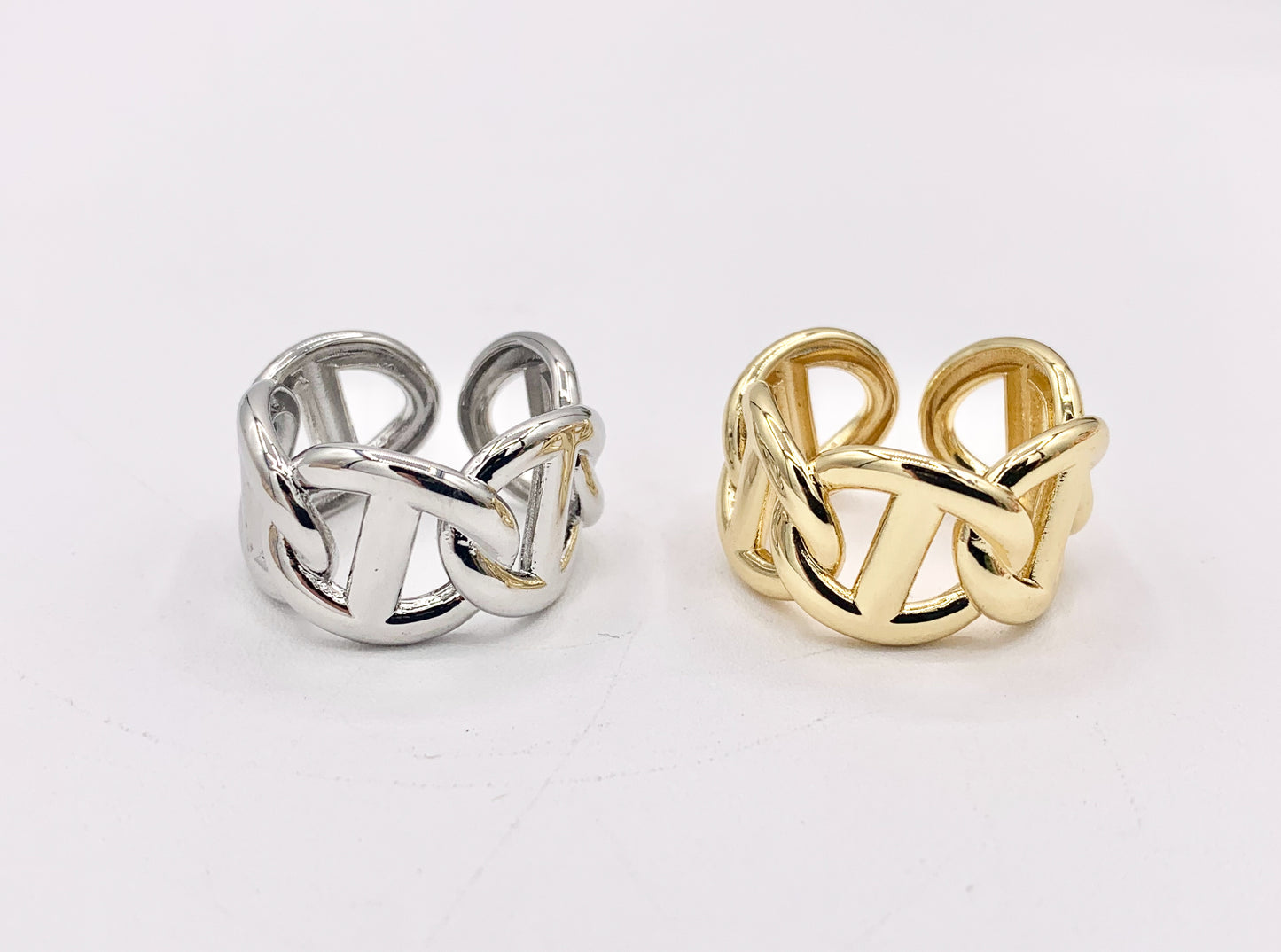 Large Mariner Anchor Link Style Adjustable Rings in 18K Gold/Silver Plated Copper 4 pcs