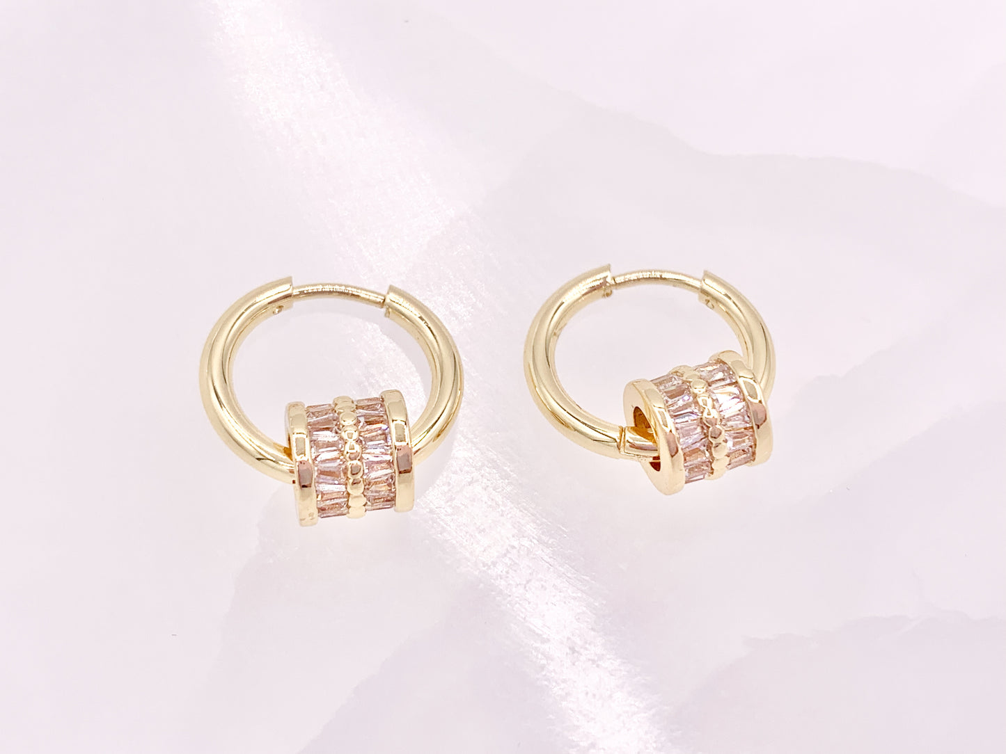 Trendsetting Gorgeous Cubic Zirconia Barrel Beads Large Hole Bead Dangle Earring Huggies in 18K Gold/Silver Plated Copper 3 pairs