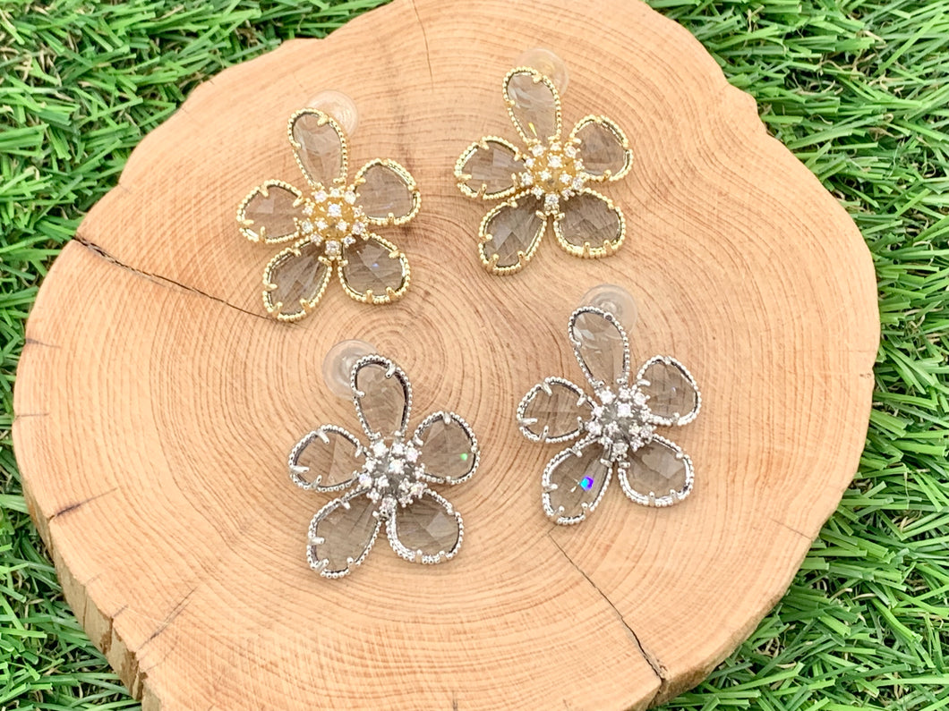 Big Beautiful Crystal Flower CZ Pave Earring Studs in Gold or Silver 18K Plating over Copper 2 pairs