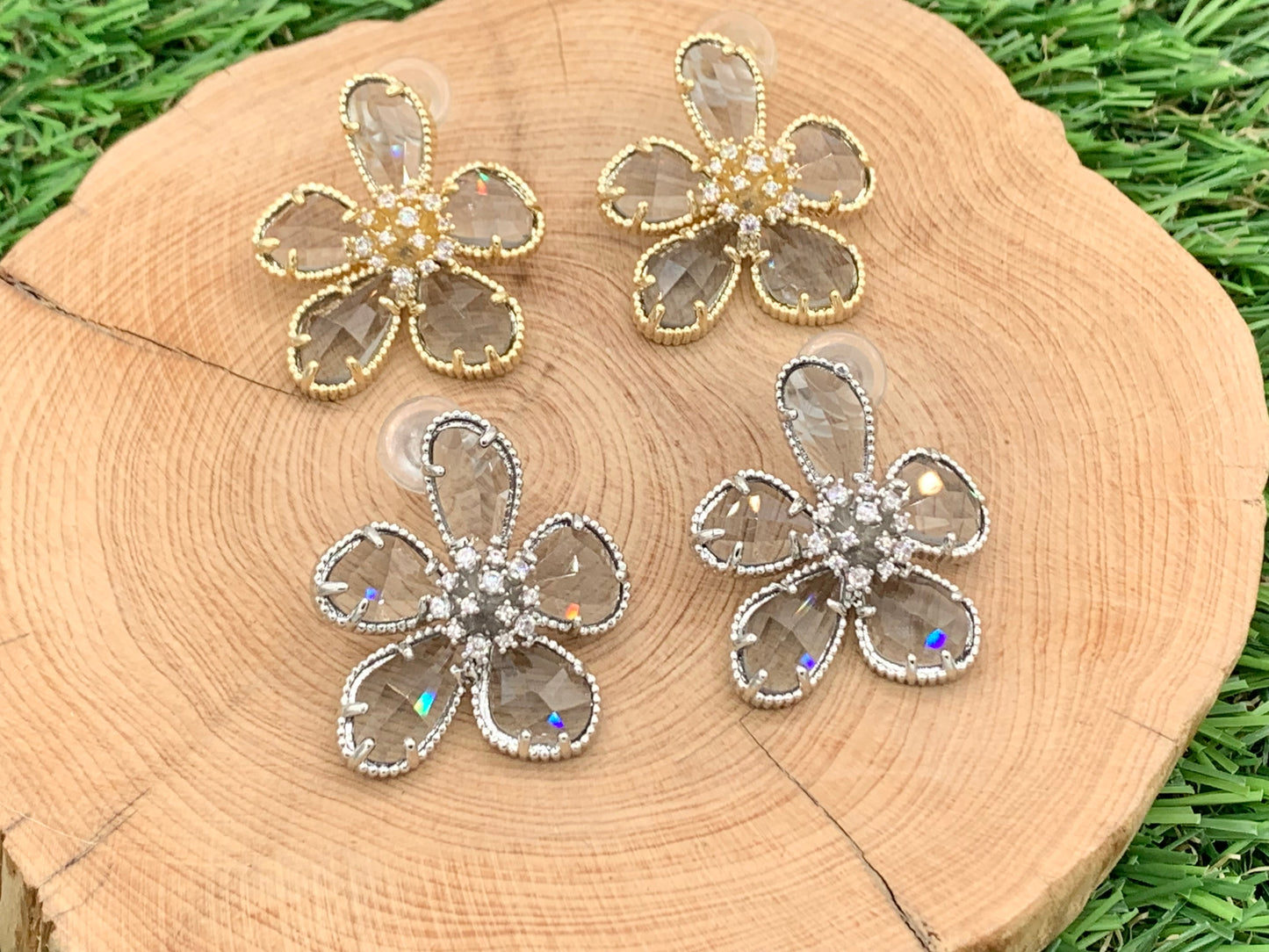 Pendientes grandes y hermosos con circonita cúbica y flor de cristal, chapado en oro o plata de 18 quilates sobre cobre, 2 pares