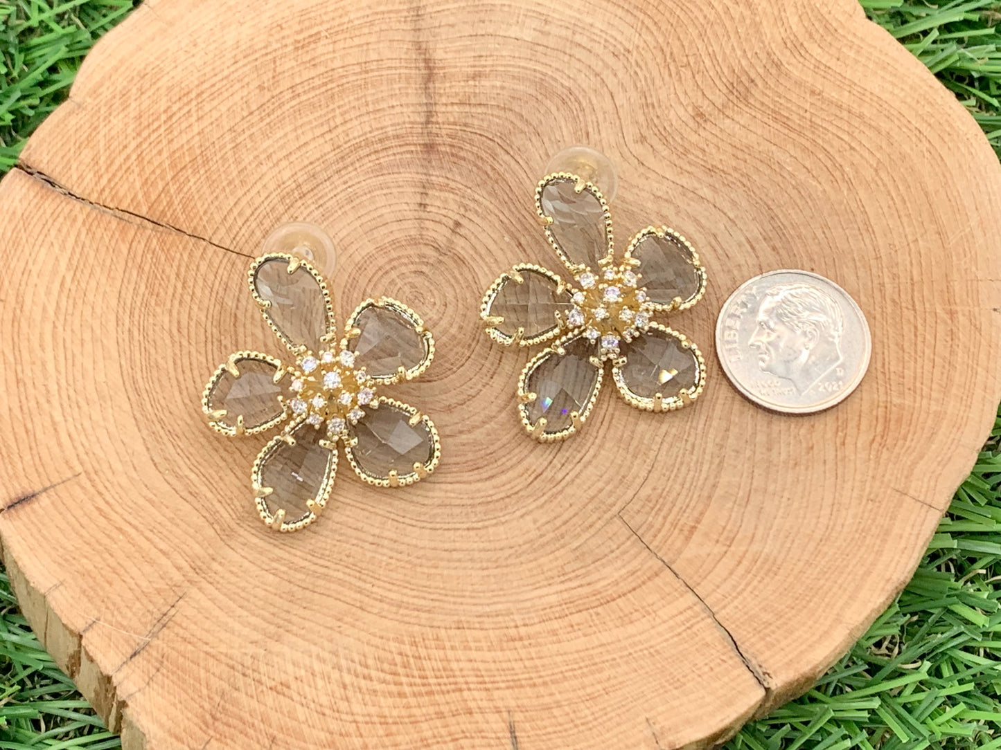 Pendientes grandes y hermosos con circonita cúbica y flor de cristal, chapado en oro o plata de 18 quilates sobre cobre, 2 pares