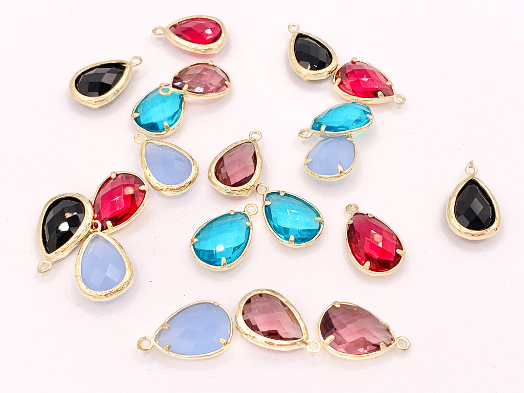 Crystal Teardrop Bezel Gold Trim Charm Findings 4 pcs