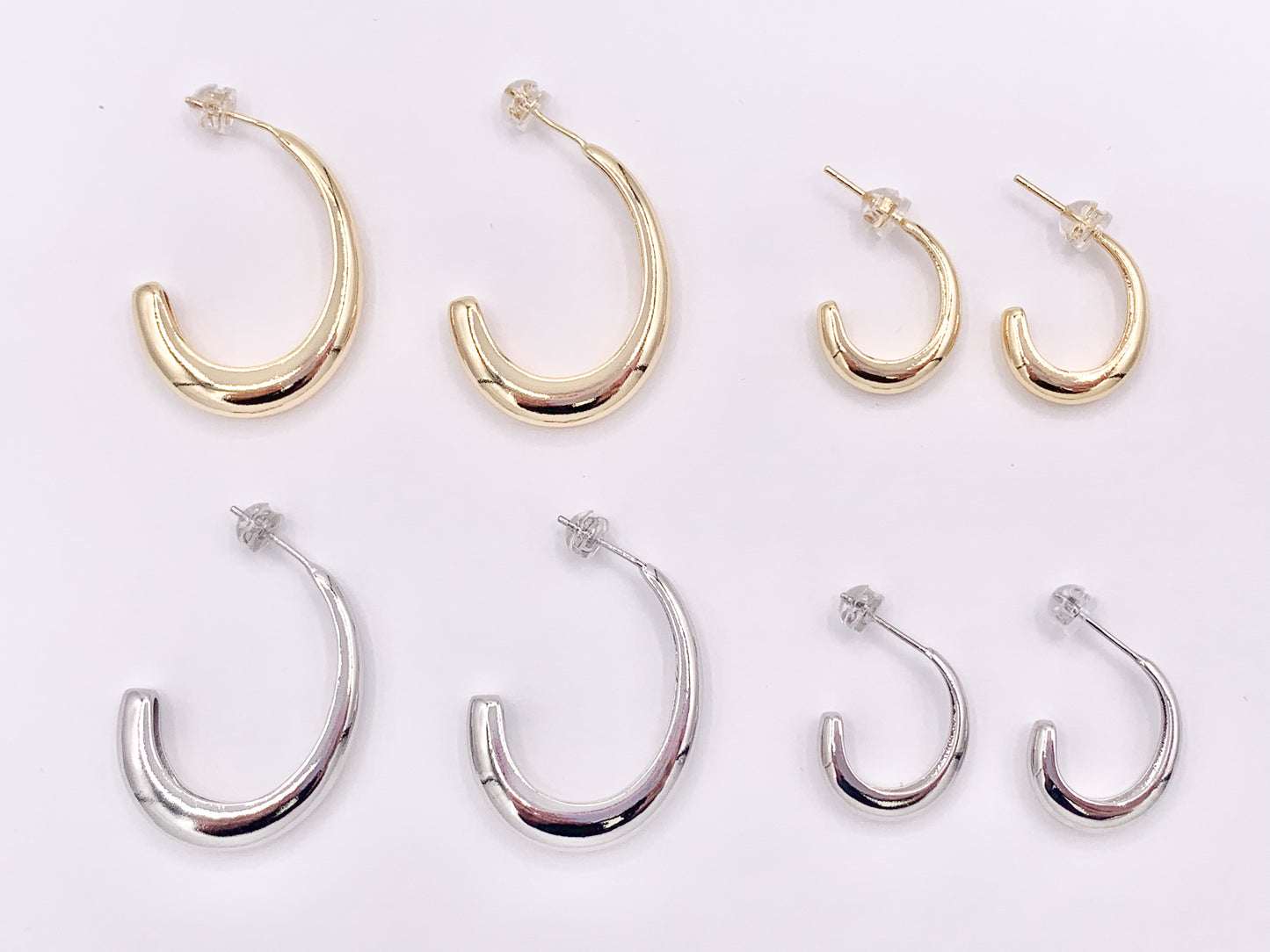 Minimalist Curved Hoops Earrings over 18K gold or Silver Plated Copper 2 Sizes 4 pairs