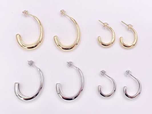 Minimalist Curved Hoops Earrings over 18K gold or Silver Plated Copper 2 Sizes 4 pairs