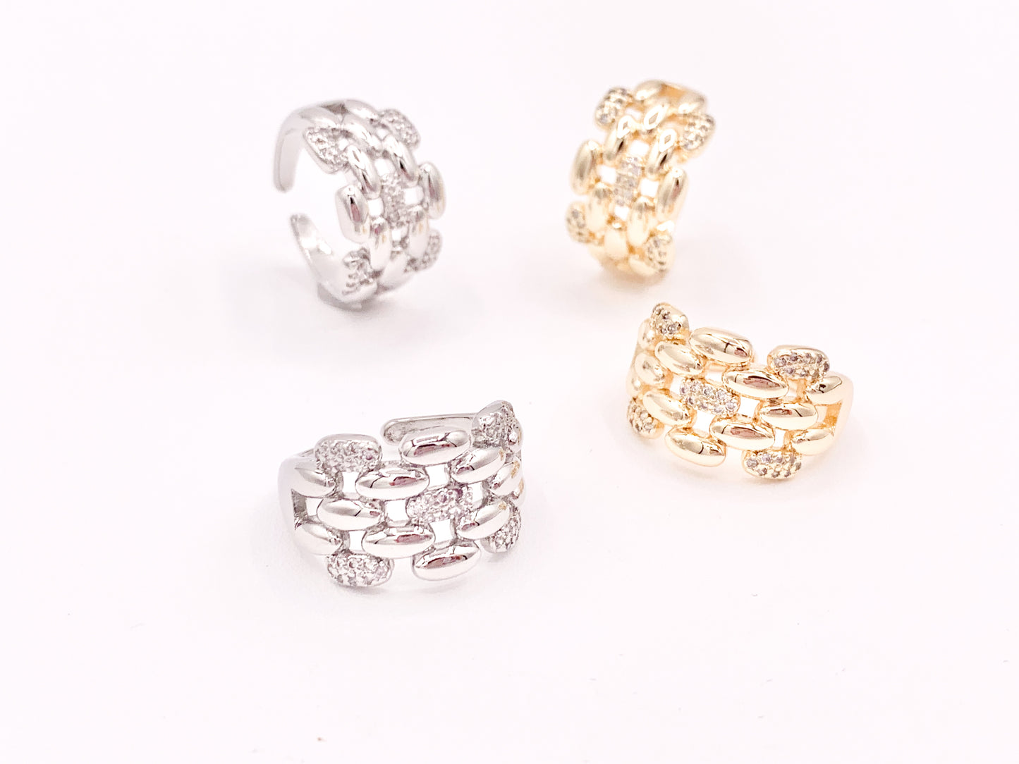 18K Gold or Platinum Plated CZ Pave Linked Braided Adjustable Ring 4pcs